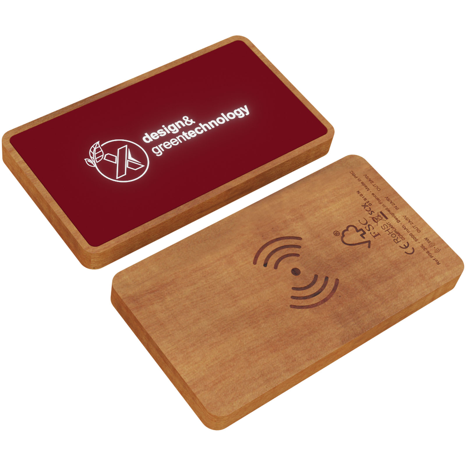 SCX.design P36 5000 mAh kabellose Powerbank mit Leuchtlogo mittelrot, holz