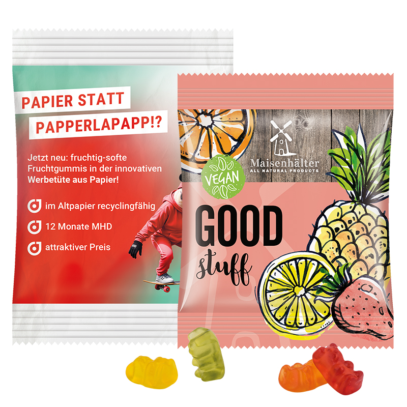 Minitüte 12 g, weiße kompostierbare Folie, Trolli Vegane Gummibärchen, 14% Fruchtsaft