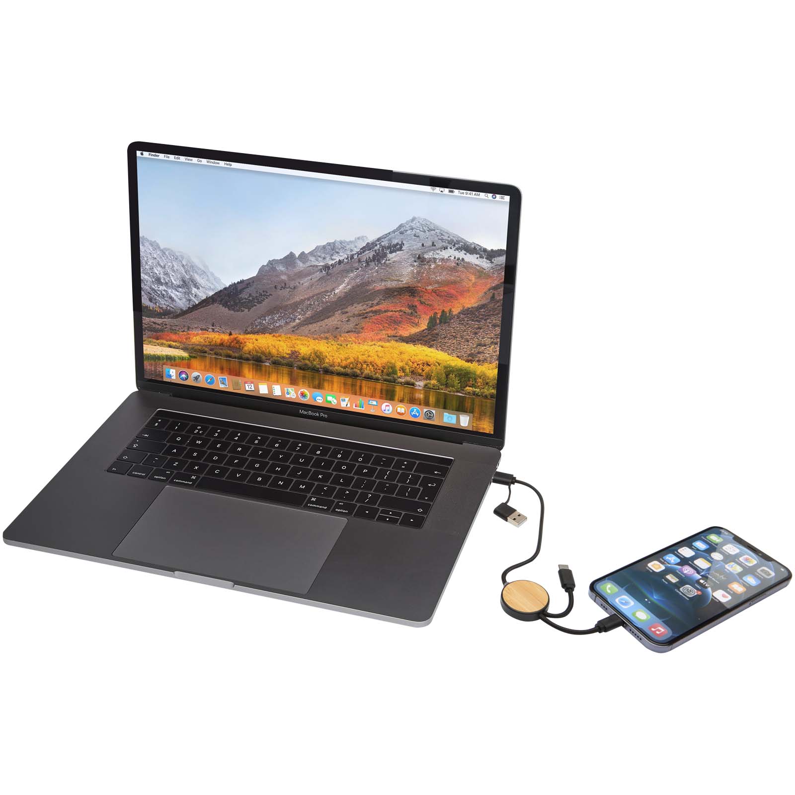Chechia 30 cm 5-in-1 Kabel aus recyceltem Kunststoff für Datenübertragung und 27W Schnellladung mit Bambusdetails schwarz