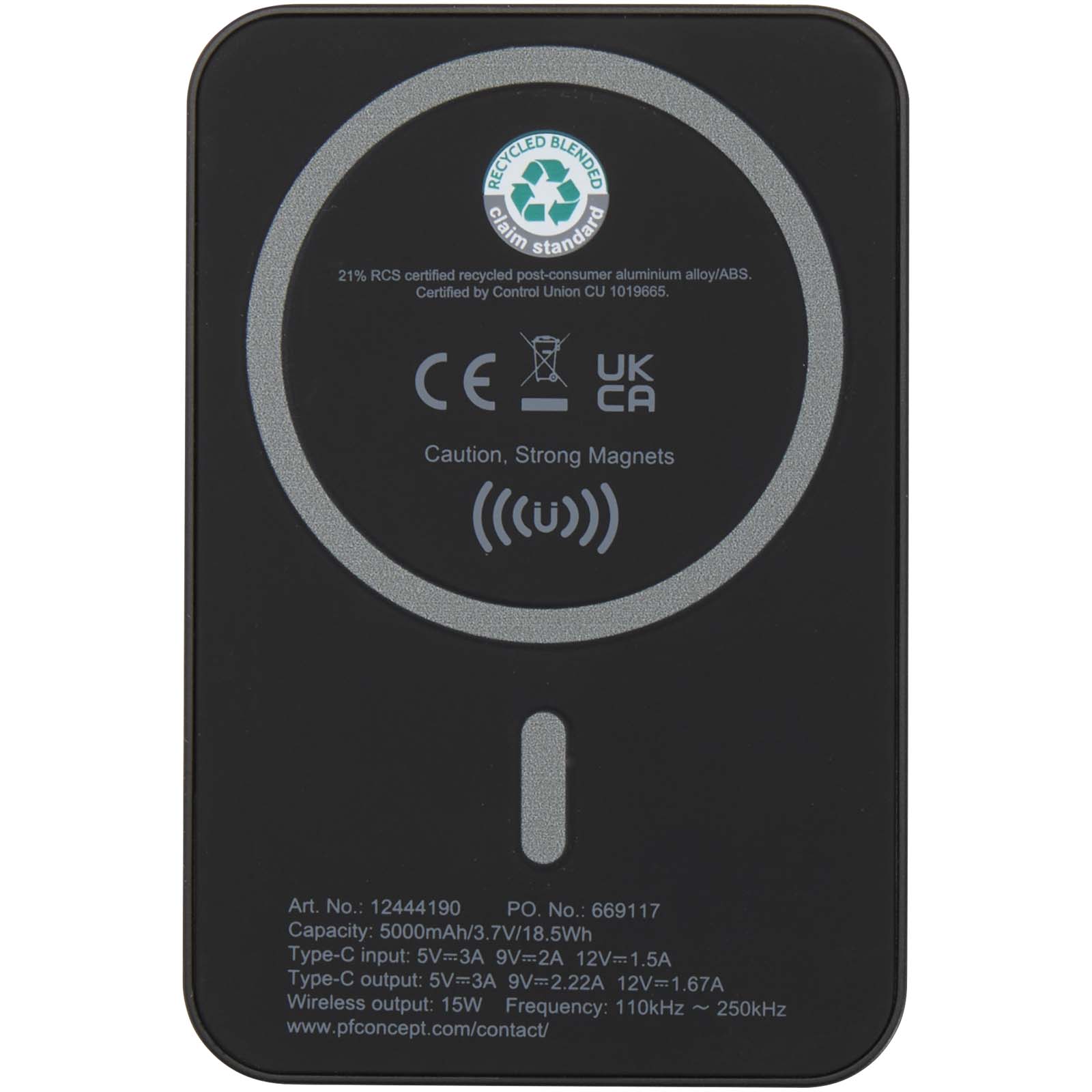 Acrab 15 W 5.000 mAh magnetische kabellose Powerbank mit 20 W PD aus recyceltem Kunststoff schwarz