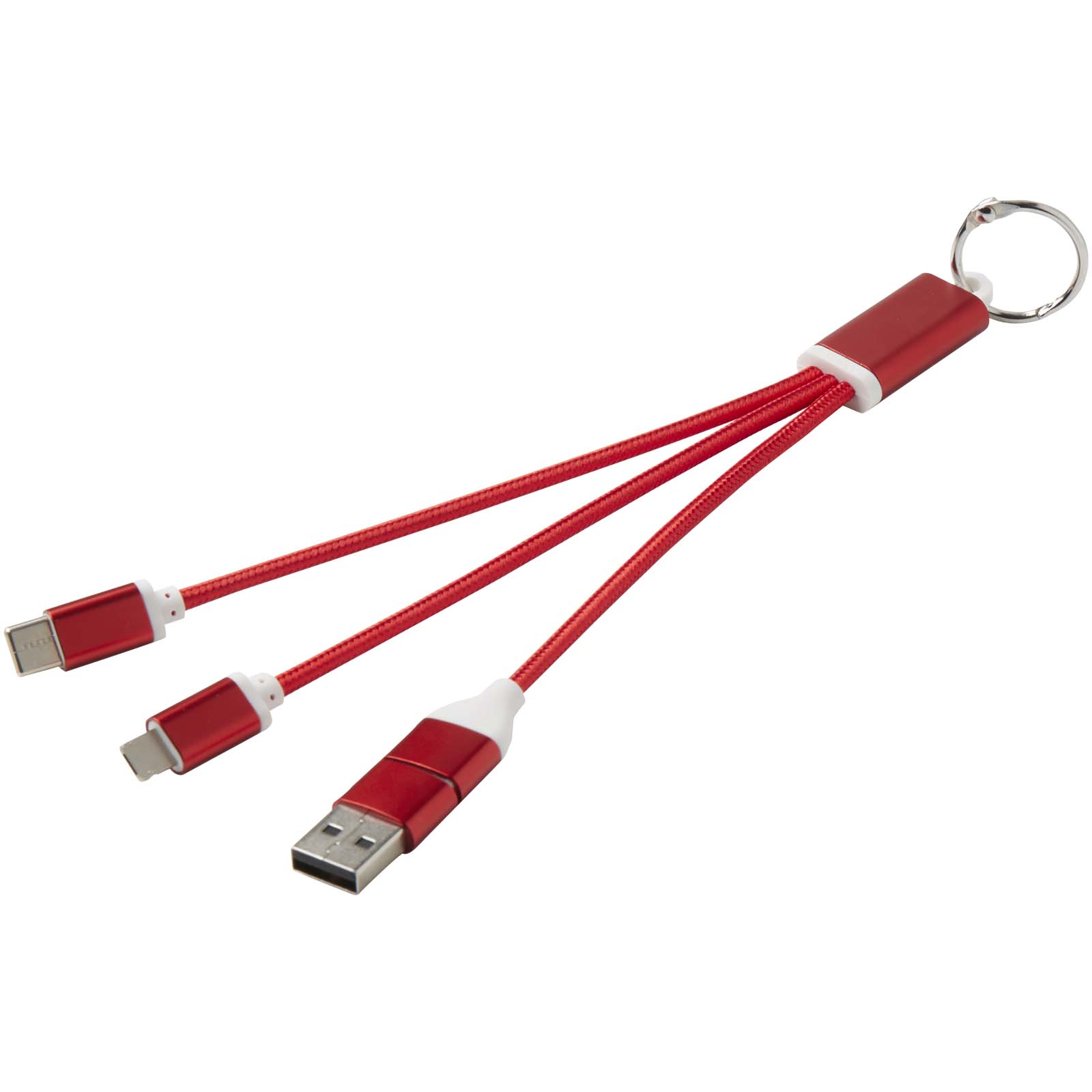 Metal 4-in-1 Ladekabel aus recyceltem Aluminium mit Schlüsselanhänger rot