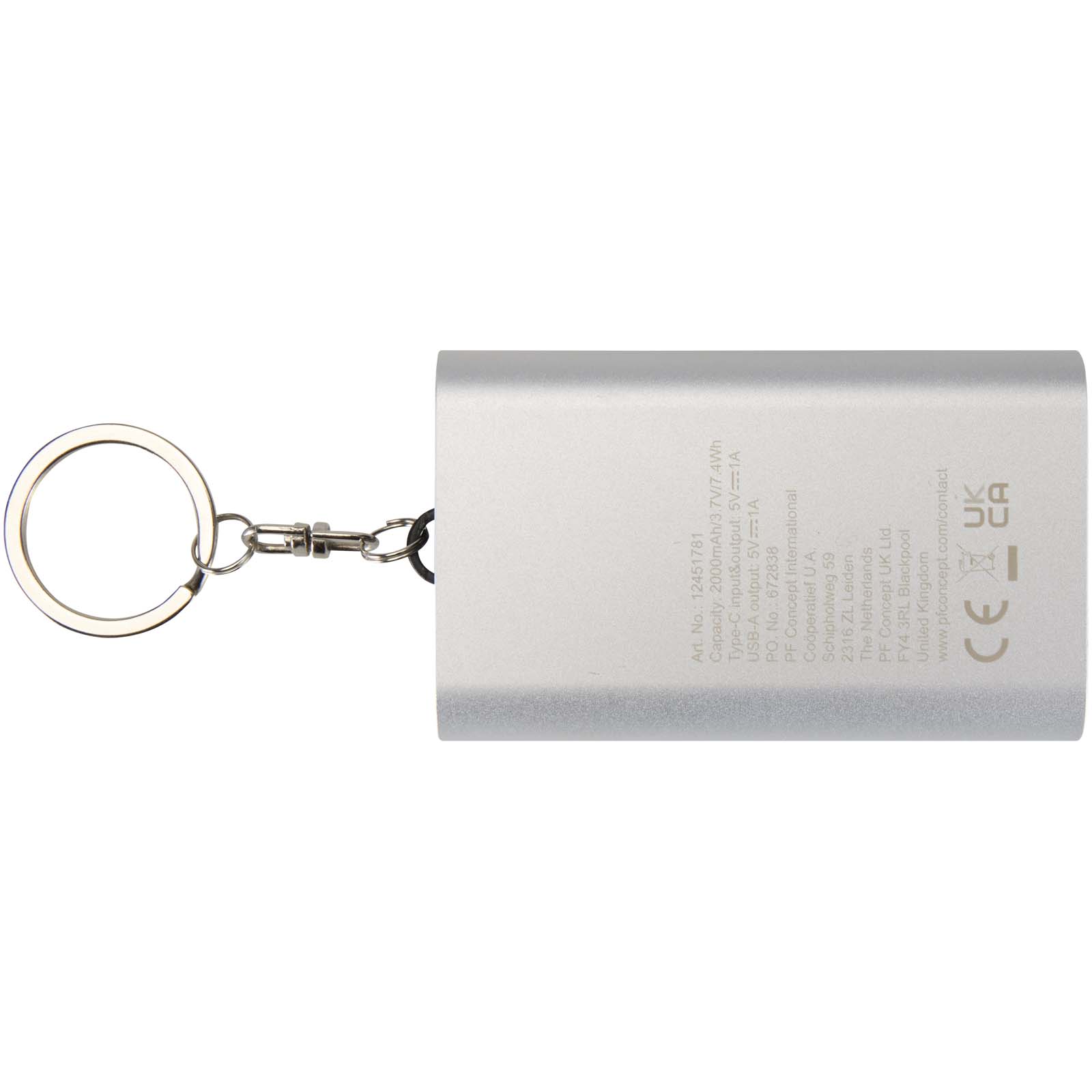 Arcturus 2000 mAh Powerbank aus recyceltem Aluminium mit Schlüsselanhänger silber