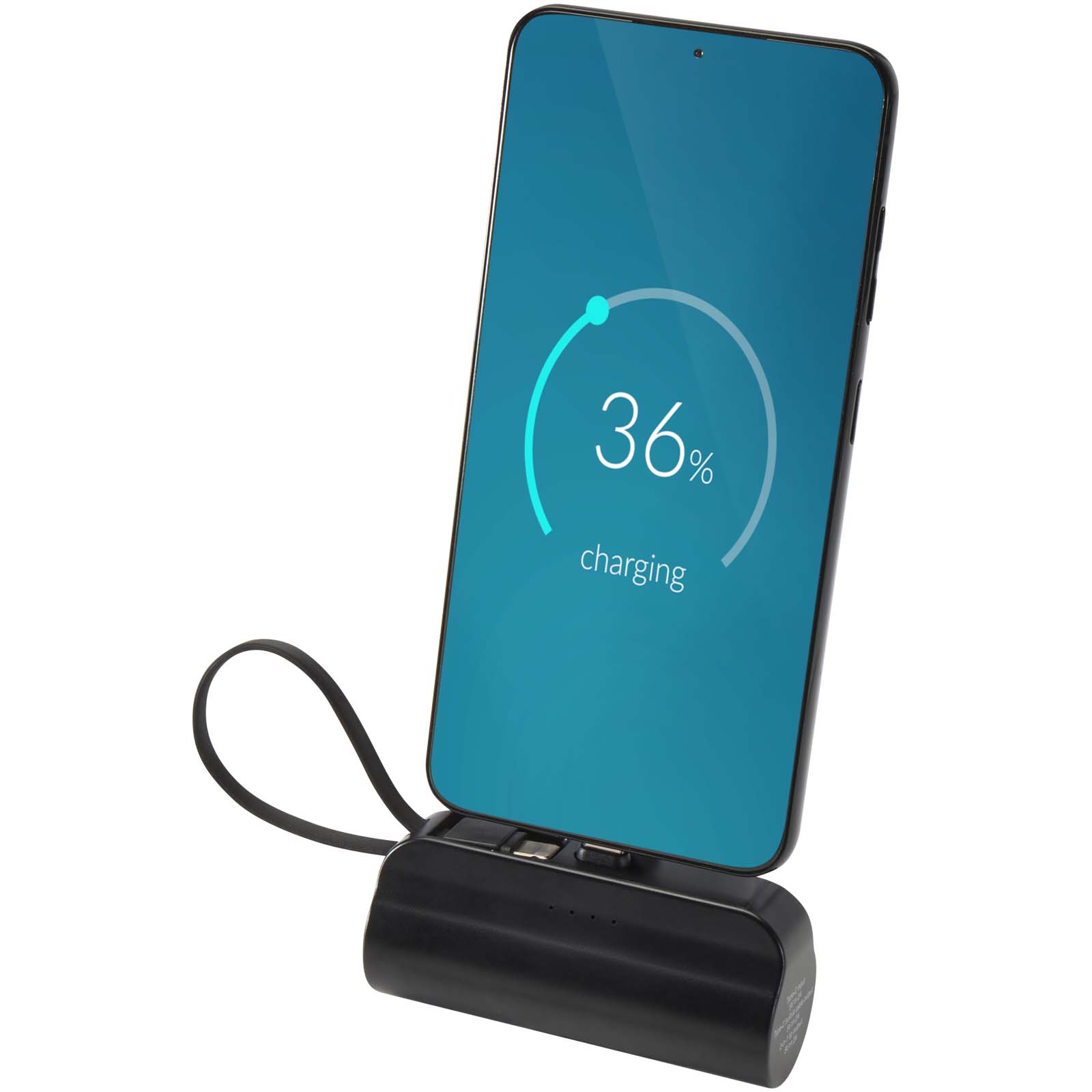 Alnair 10 W 5000 mAh Typ C Powerbank aus recyceltem Kunststoff mit integriertem Klappständer und 2 in 1 Kabel schwarz