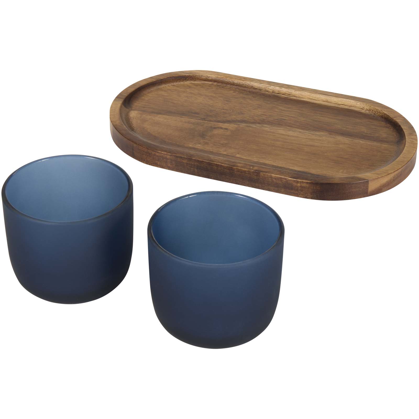Male Set aus Holztablett und Glastassen, matt hale blau