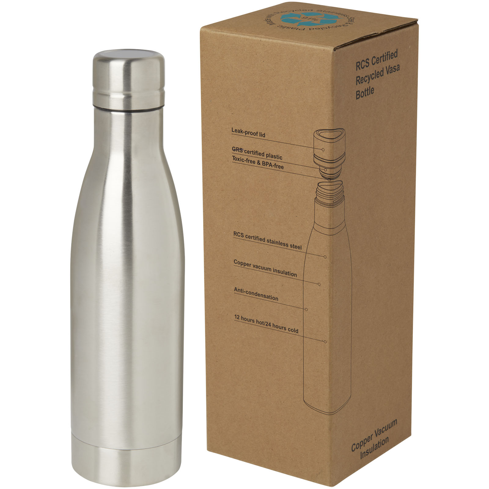 Vasa RCS-zertifizierte Kupfer-Vakuum Isolierflasche aus recyceltem Edelstahl, 500 ml silber