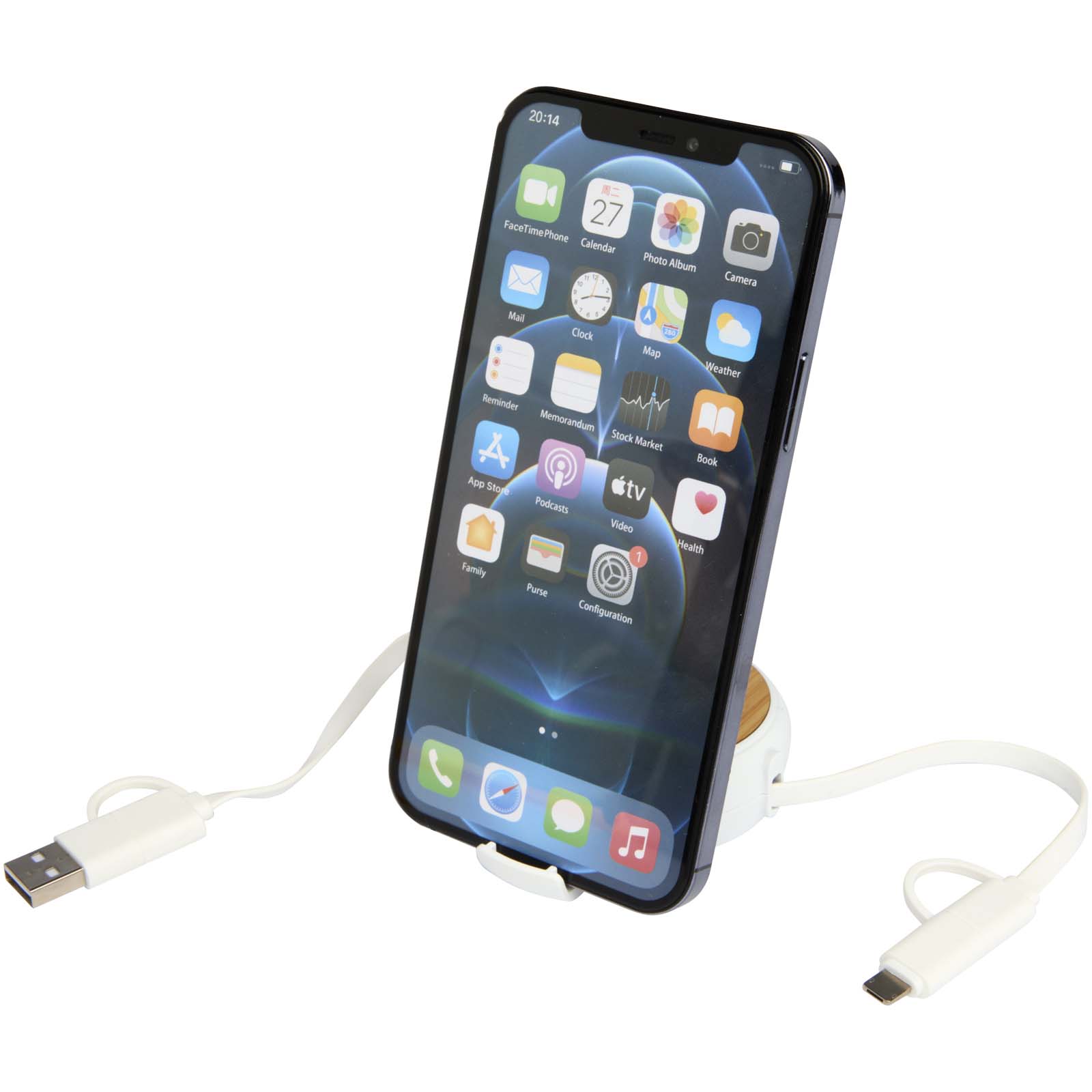 Chechia 100cm 5-in-1 Kabel aus recyceltem Kunststoff, einziehbar, für Datenübertragung und 45W Schnellladung mit Bambusdetail weiss