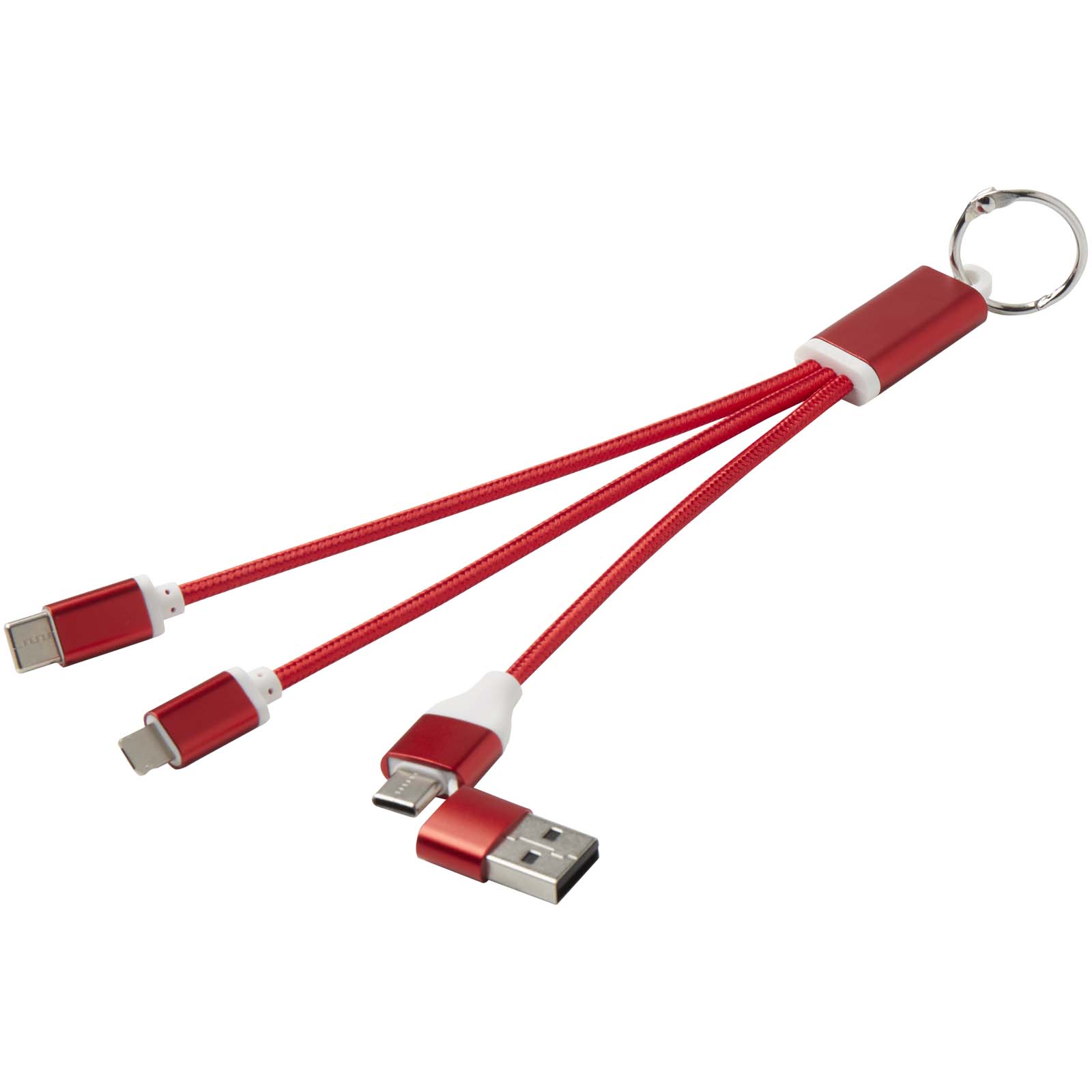 Metal 4-in-1 Ladekabel aus recyceltem Aluminium mit Schlüsselanhänger rot