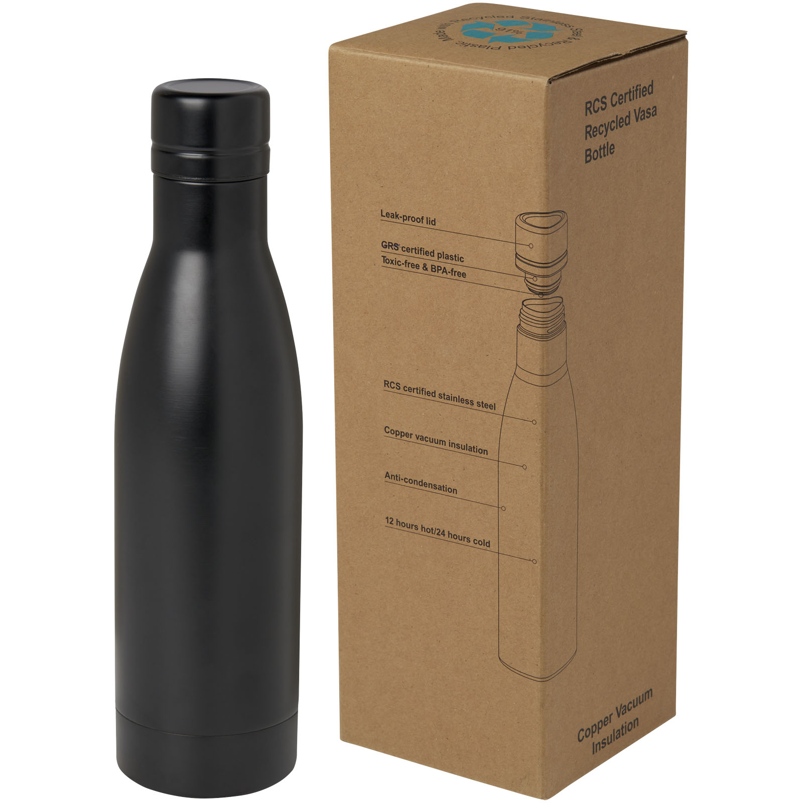 Vasa RCS-zertifizierte Kupfer-Vakuum Isolierflasche aus recyceltem Edelstahl, 500 ml schwarz