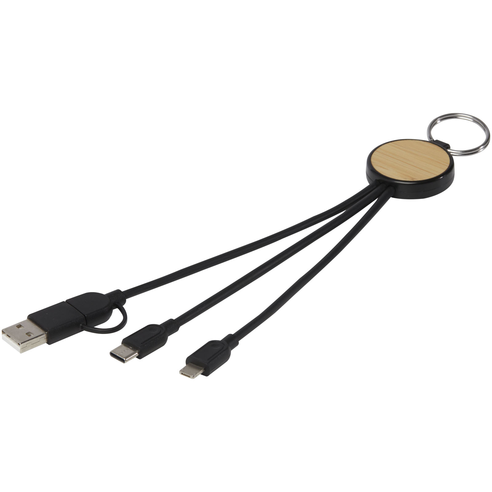 Tecta  6-in-1 Ladekabel mit Schlüsselring aus recyceltem Kunststoff und Bambus schwarz