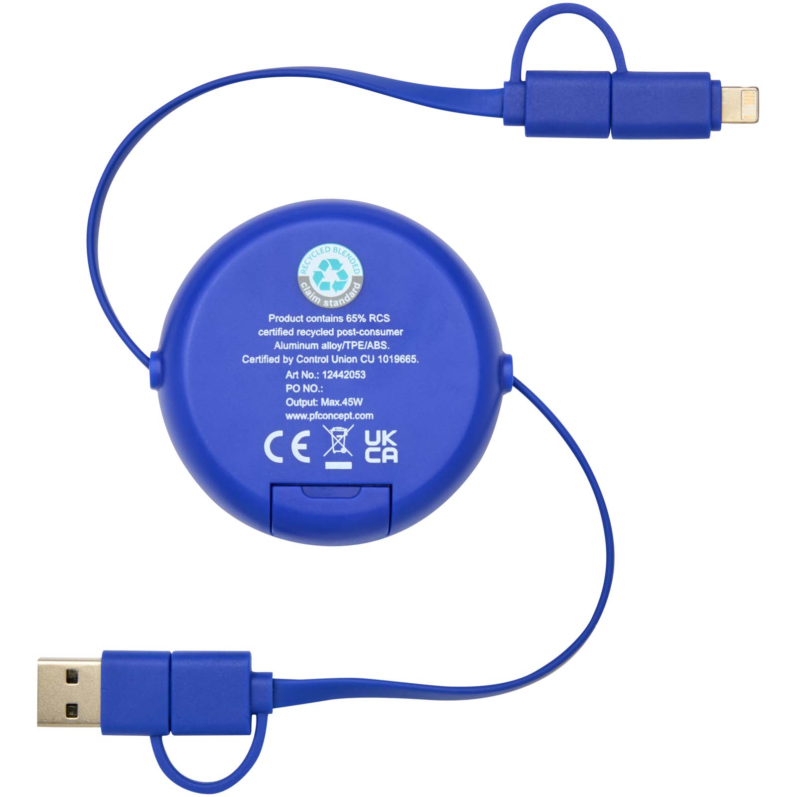 Alasia 100 cm 5-in-1 Kabel aus recyceltem Kunststoff und Aluminium, einziehbar, für Datenübertragung und mit 45W Schnellladun royalblau