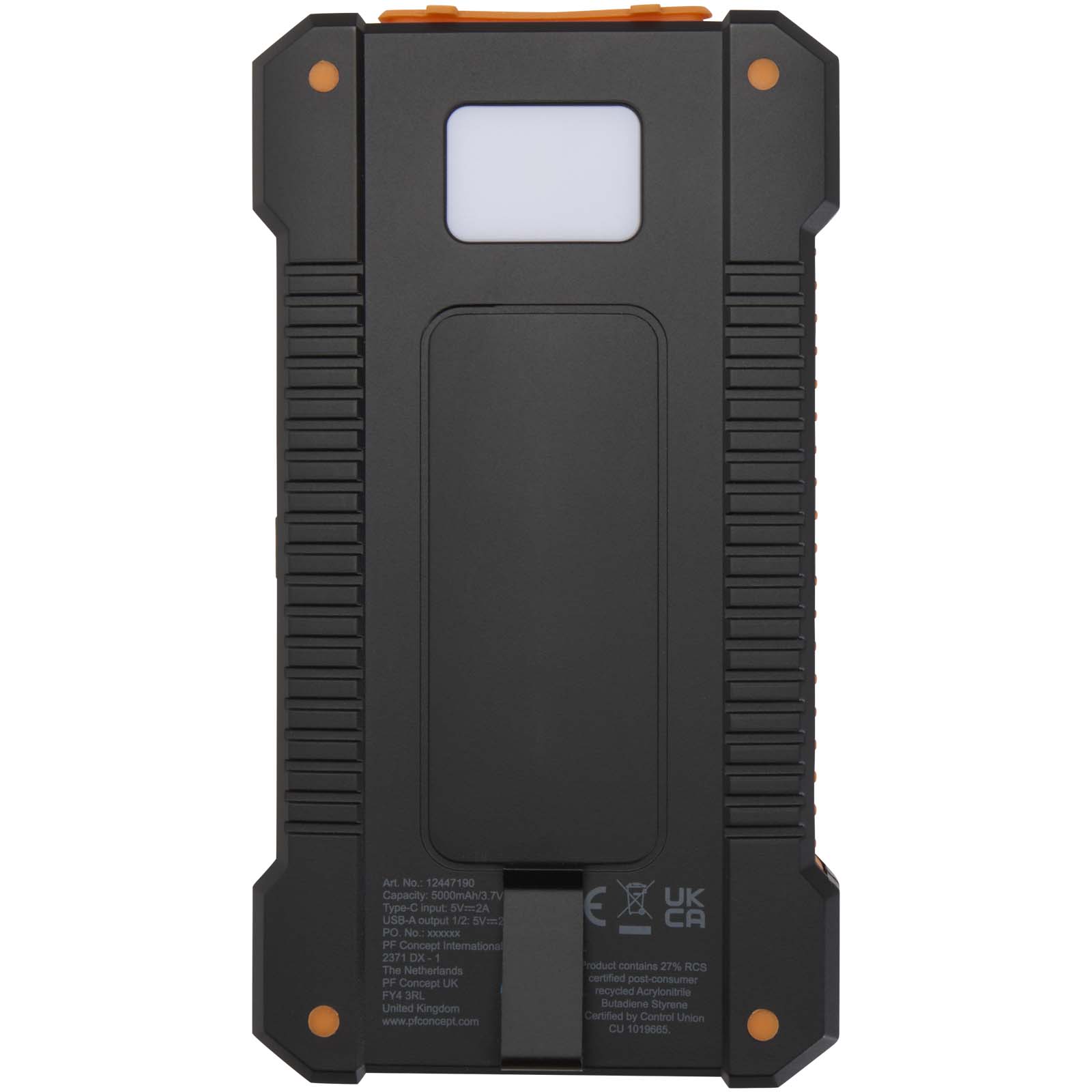 Altair 10 W 5000 mAh robuste Solar Powerbank aus recyceltem Kunststoff mit integrierter Taschenlampe schwarz