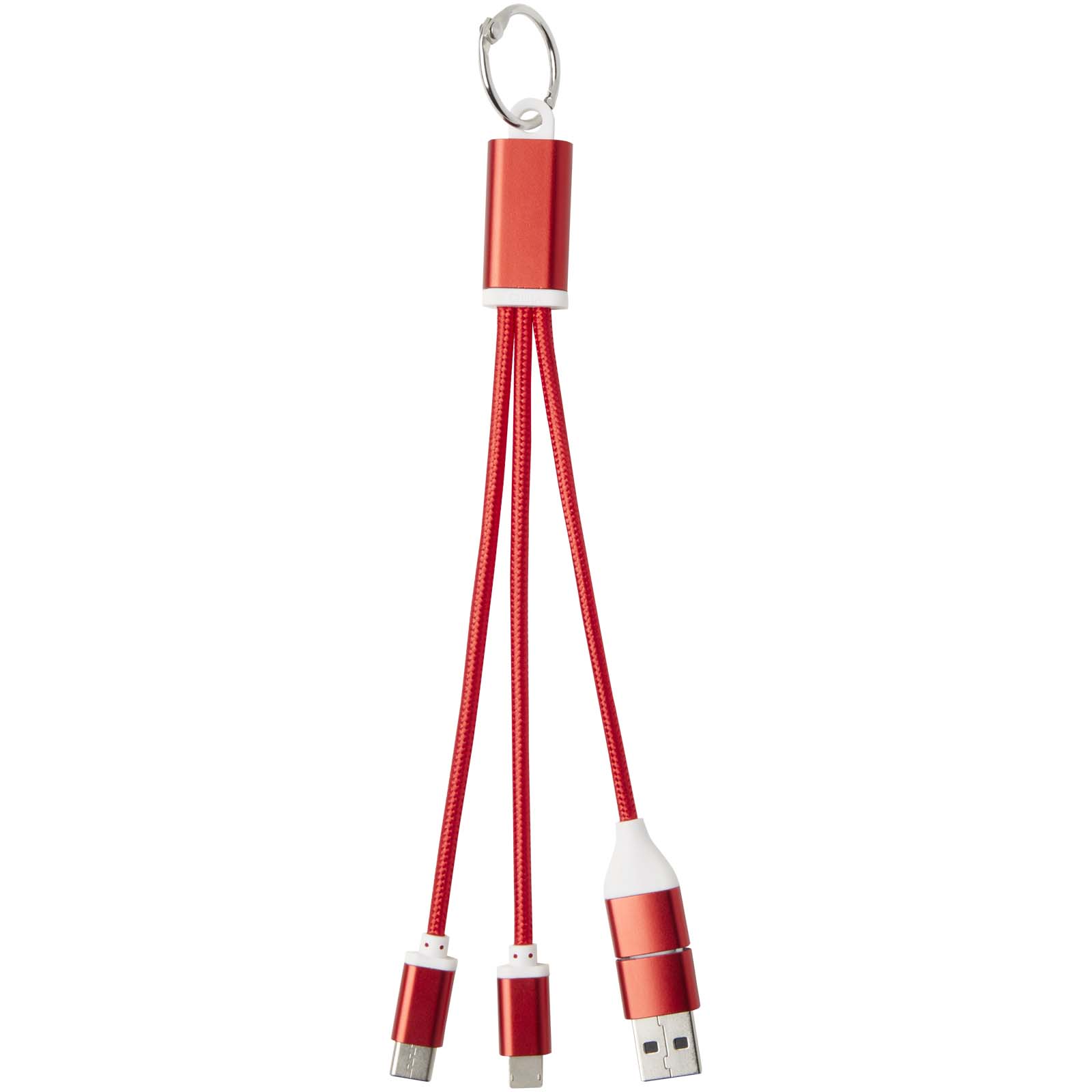 Metal 4-in-1 Ladekabel aus recyceltem Aluminium mit Schlüsselanhänger rot
