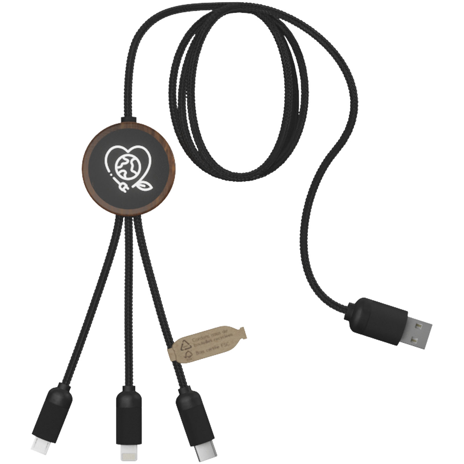 SCX.design C36 3-in-1 rPET erweitertes Ladekabel mit Leuchtlogo in rundem Bambusgehäuse holz