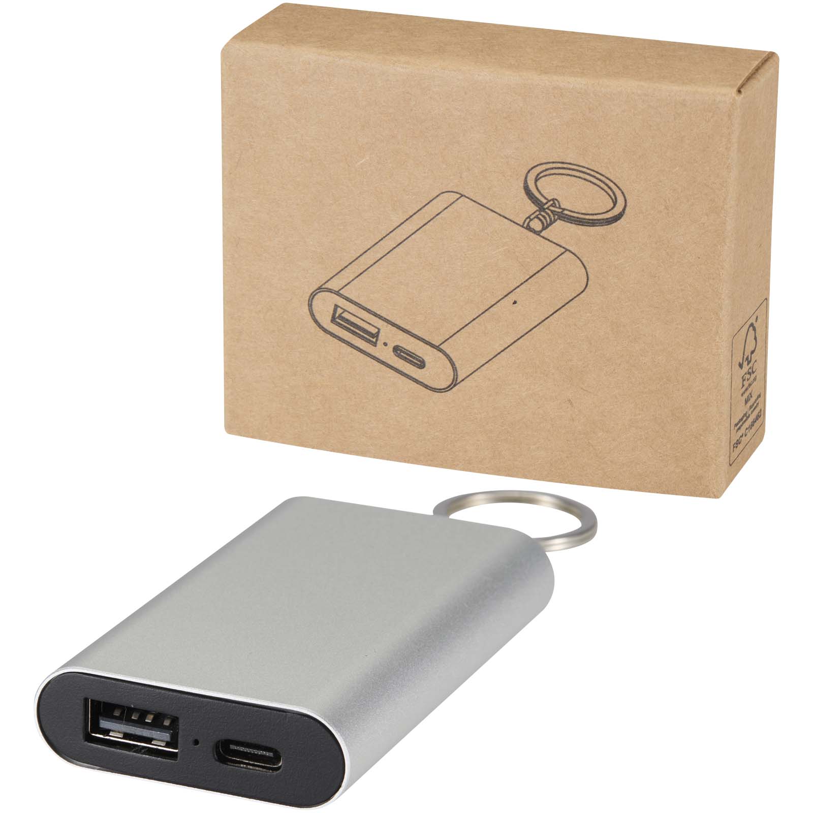 Arcturus 2000 mAh Powerbank aus recyceltem Aluminium mit Schlüsselanhänger silber