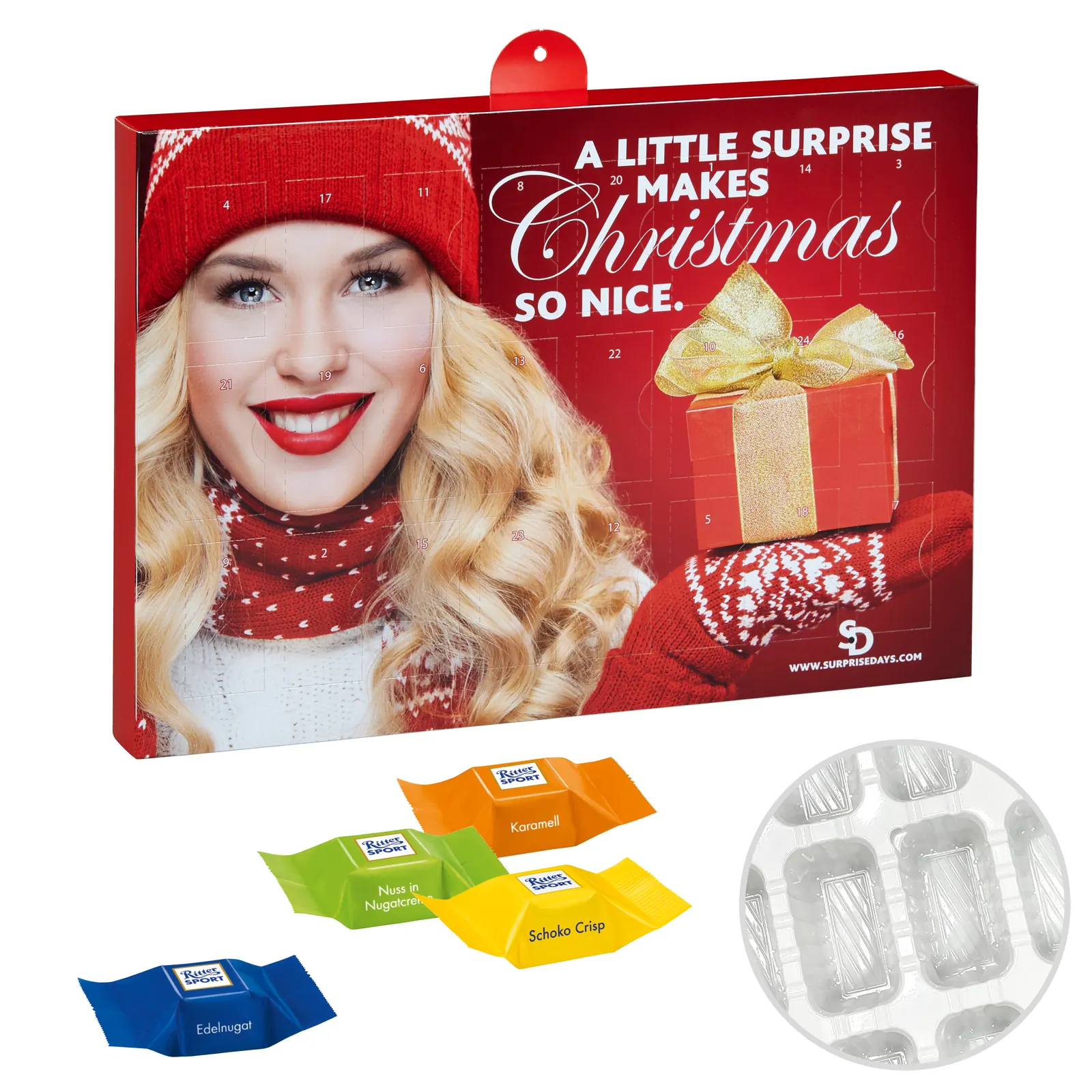 Premium Marken-Adventskalender mit Ritter Sport Schokowürfeln