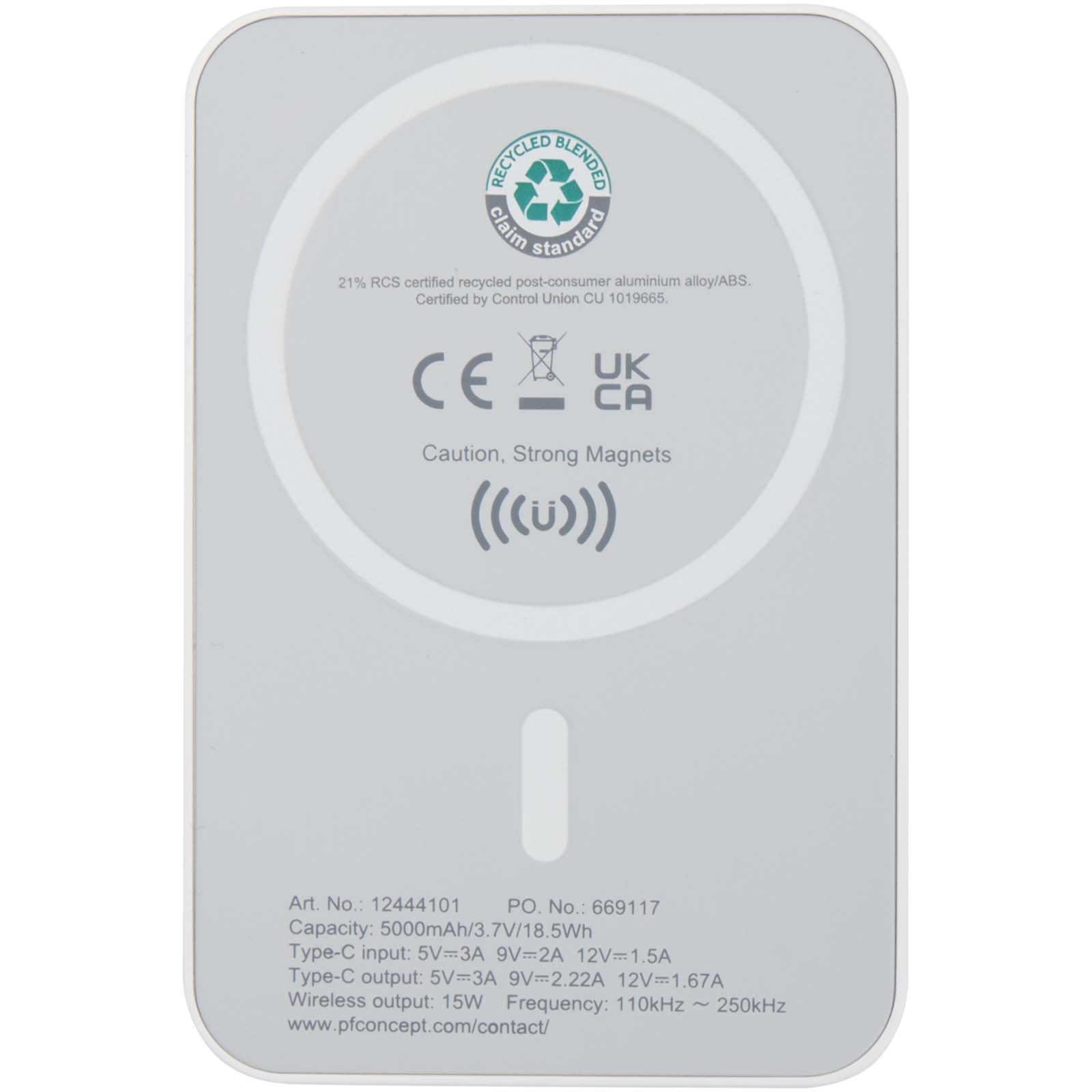 Acrab 15 W 5.000 mAh magnetische kabellose Powerbank mit 20 W PD aus recyceltem Kunststoff weiss