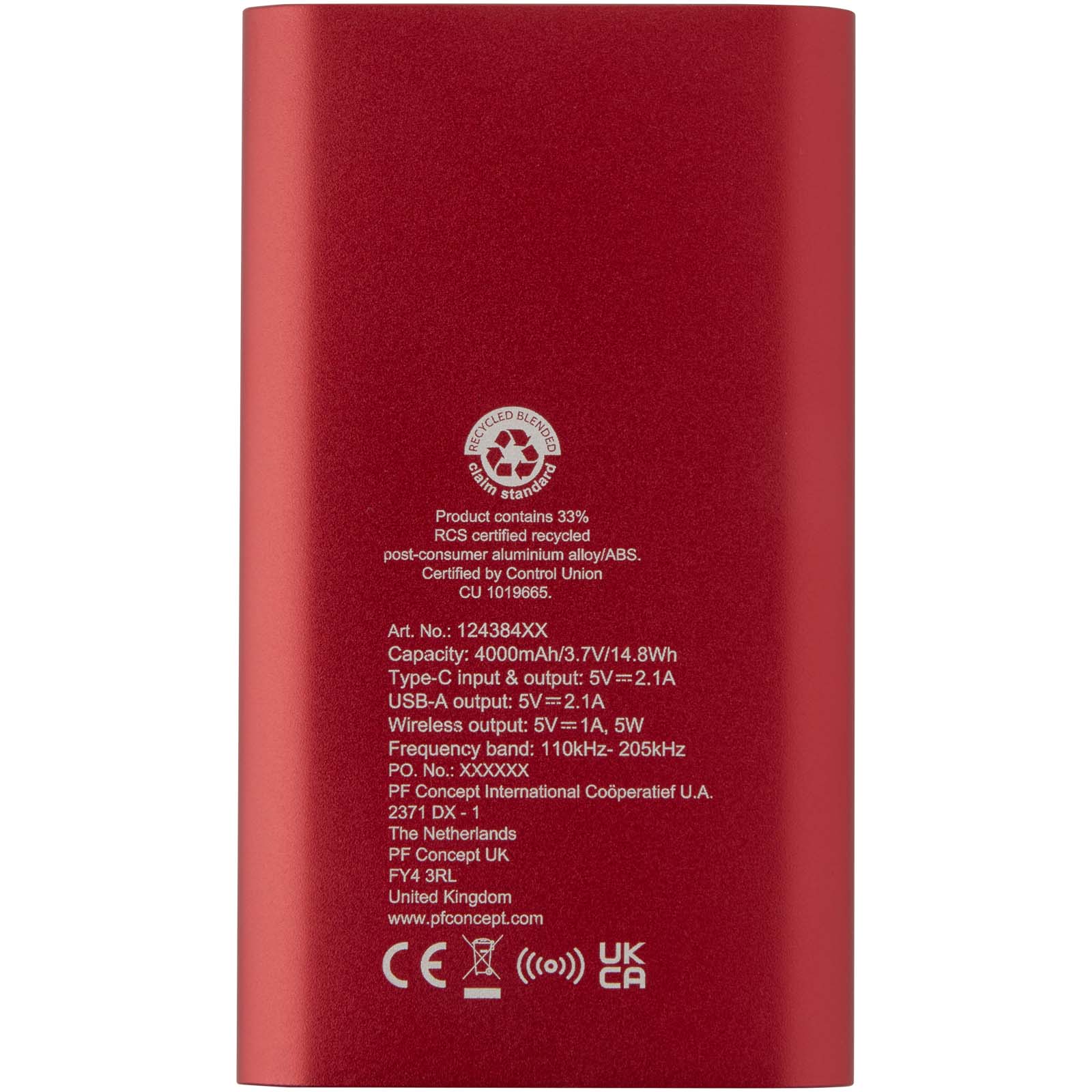 Juice 4000 mAh Typ-C kabellose Powerbank aus recyceltem Aluminium rot