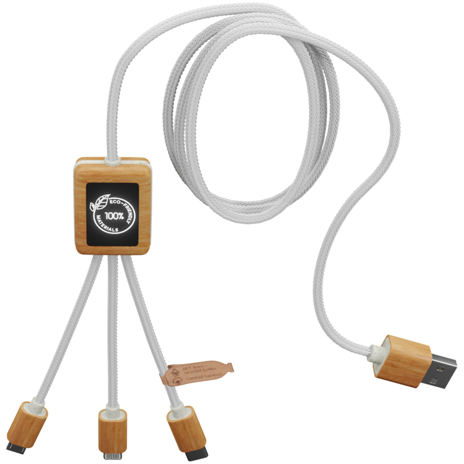 SCX.design C39 3-in-1-Ladekabel aus rPET mit Leuchtlogo und Bambusgehäuse weiss