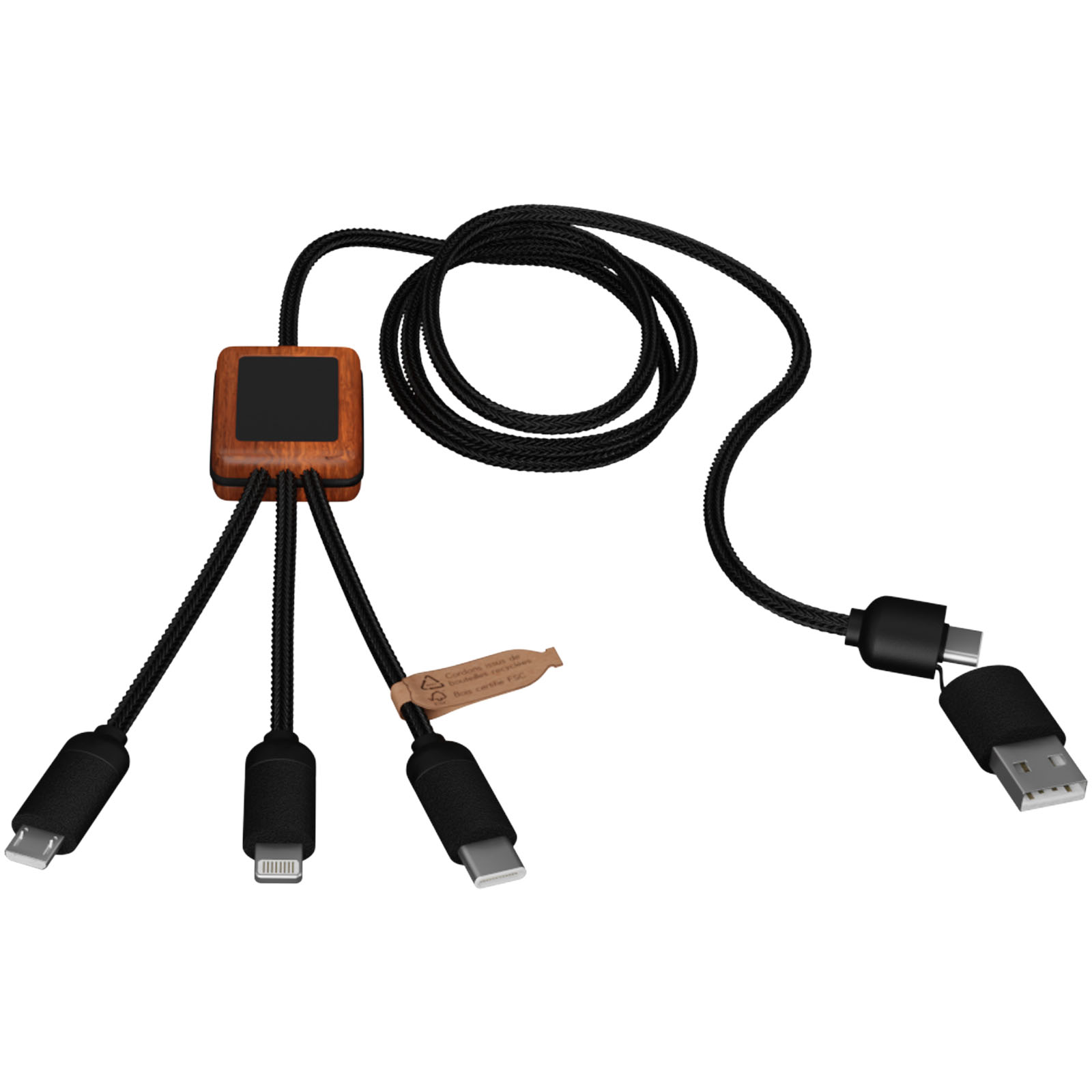 SCX.design C38 40W 5-in-1 Ladekabel aus rPET in quadratischem Bambusgehäuse mit Leuchtlogo blau, holz