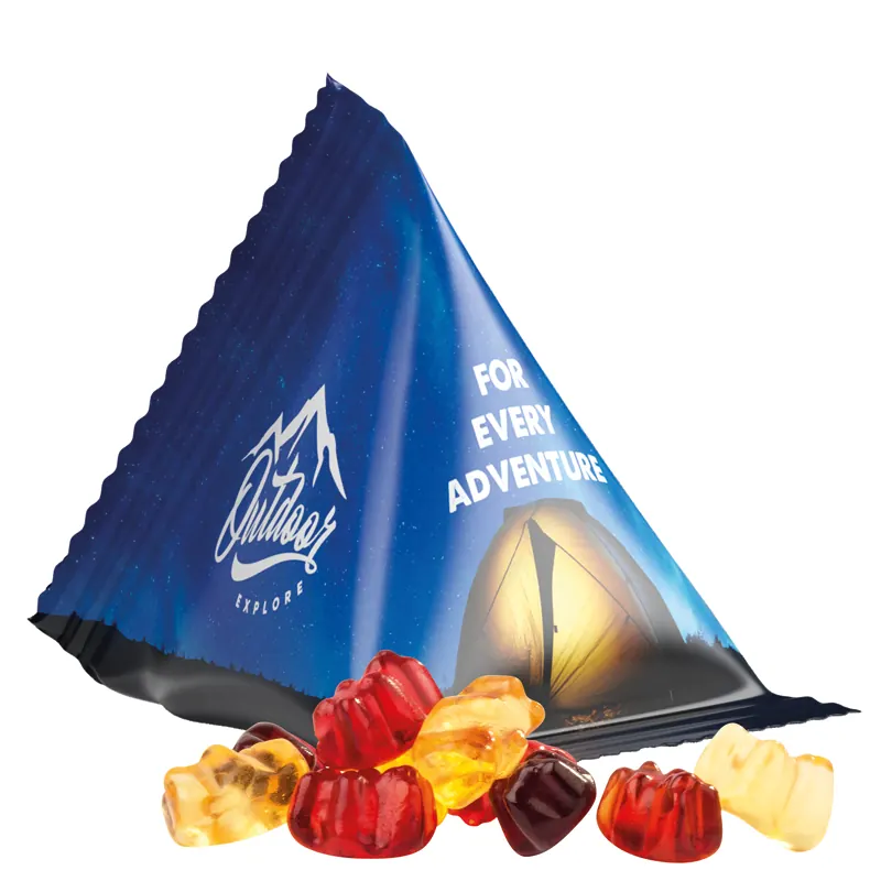 Fruchtgummi Tetraeder, weiße Folie, Trolli Fruchtgummibären, 30 % Fruchtsaftqualität