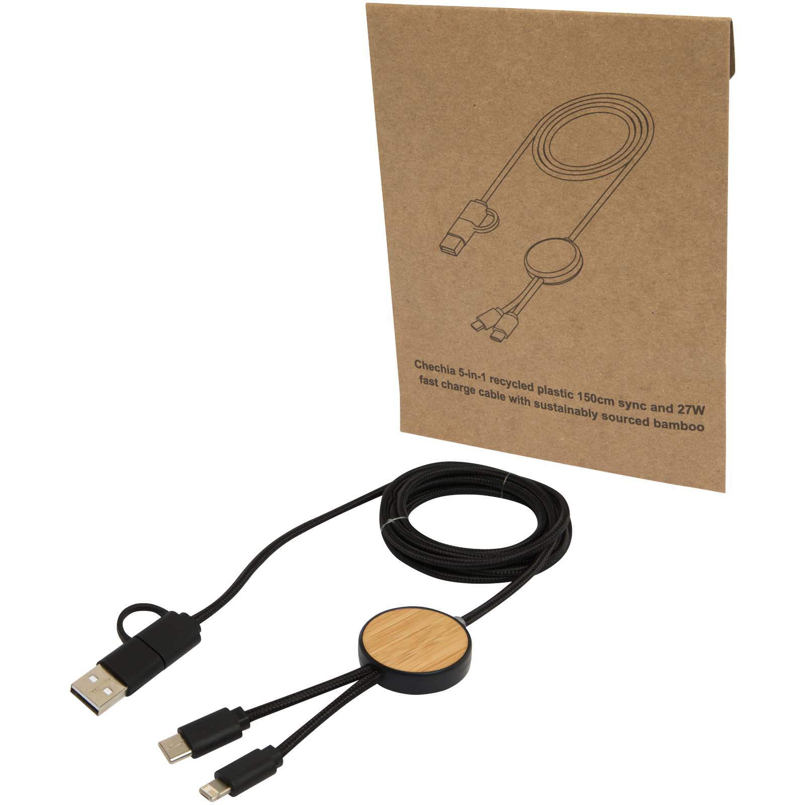 Chechia 150 cm 5-in-1 Kabel aus recyceltem Kunststoff für Datenübertragung und 27W Schnellladung mit Bambusdetails schwarz
