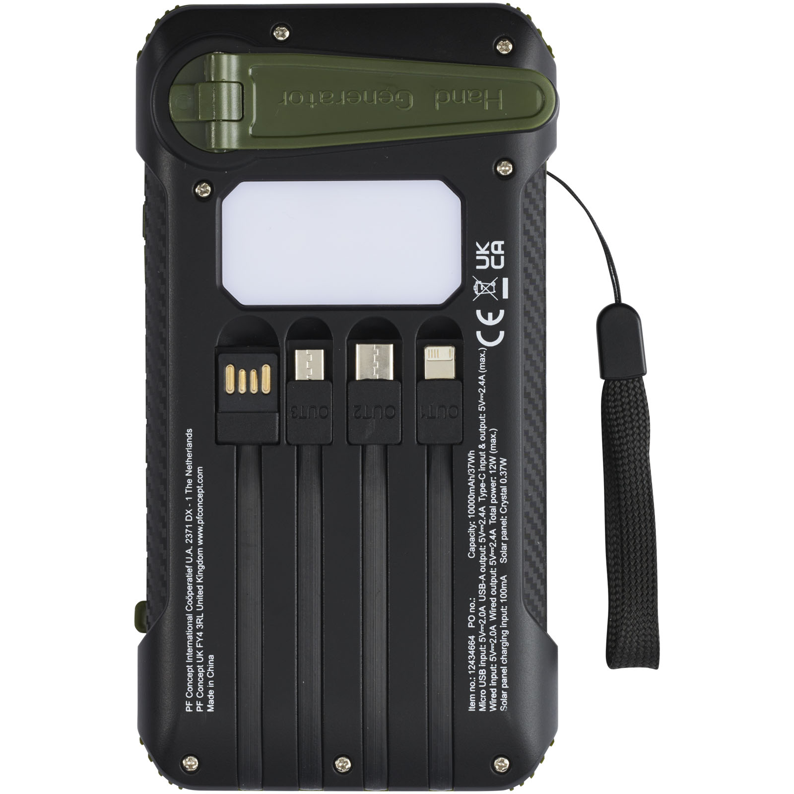 Soldy 10.000 mAh Solardynamo-Powerbank aus recyceltem GRS Kunststoff armeegrün