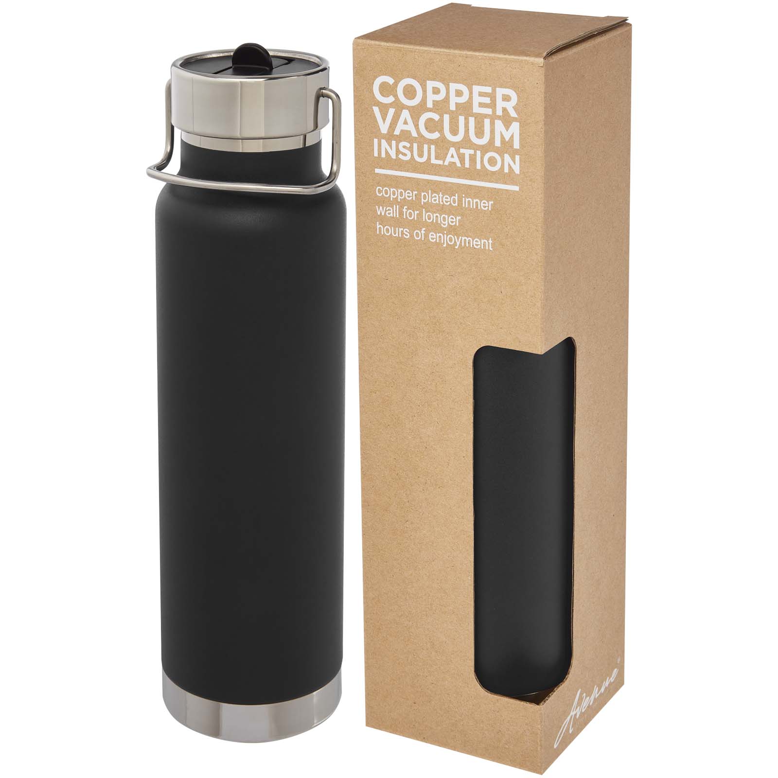 Thor 750 ml Kupfer-Vakuum Sportflasche mit Trinkhalm schwarz