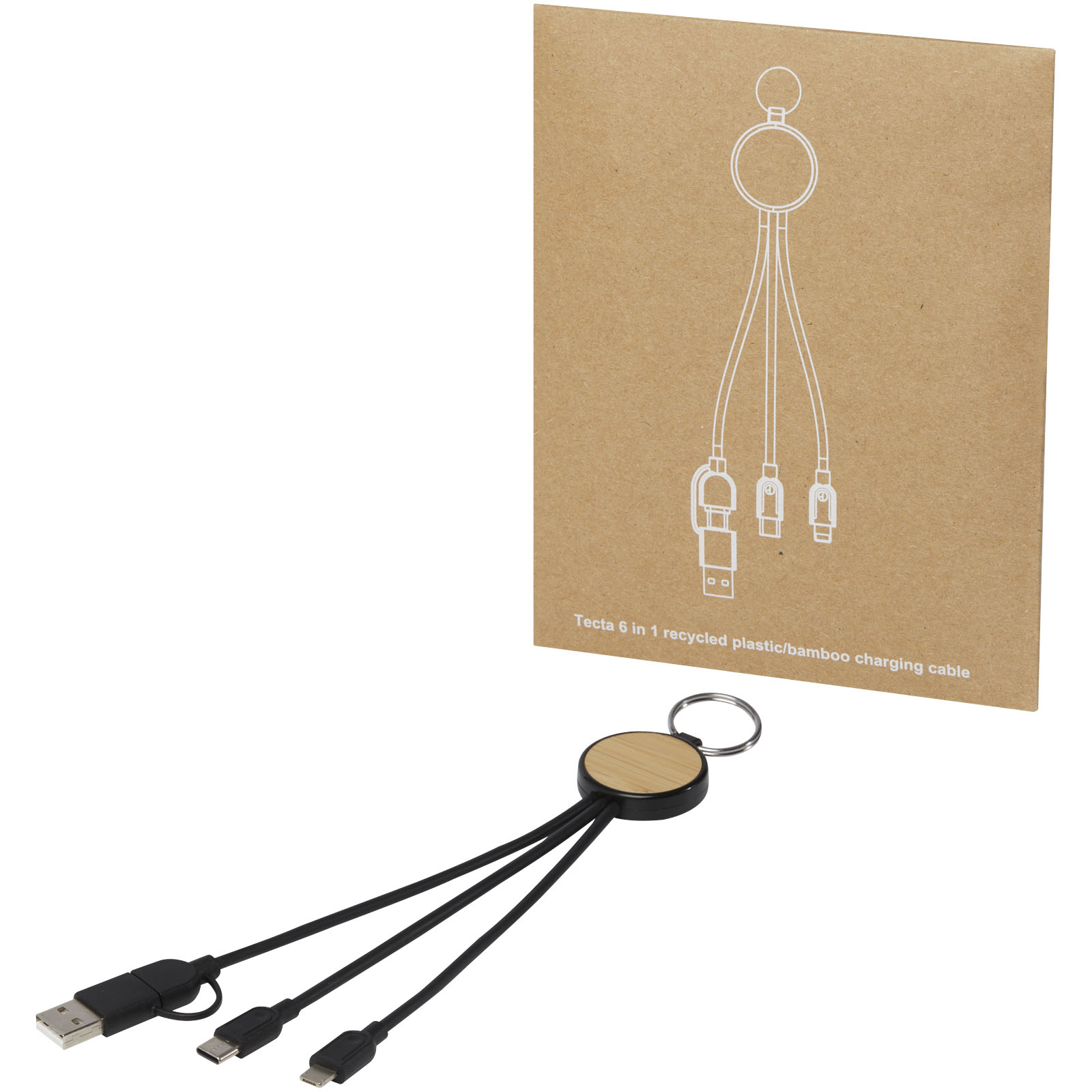 Tecta  6-in-1 Ladekabel mit Schlüsselring aus recyceltem Kunststoff und Bambus schwarz