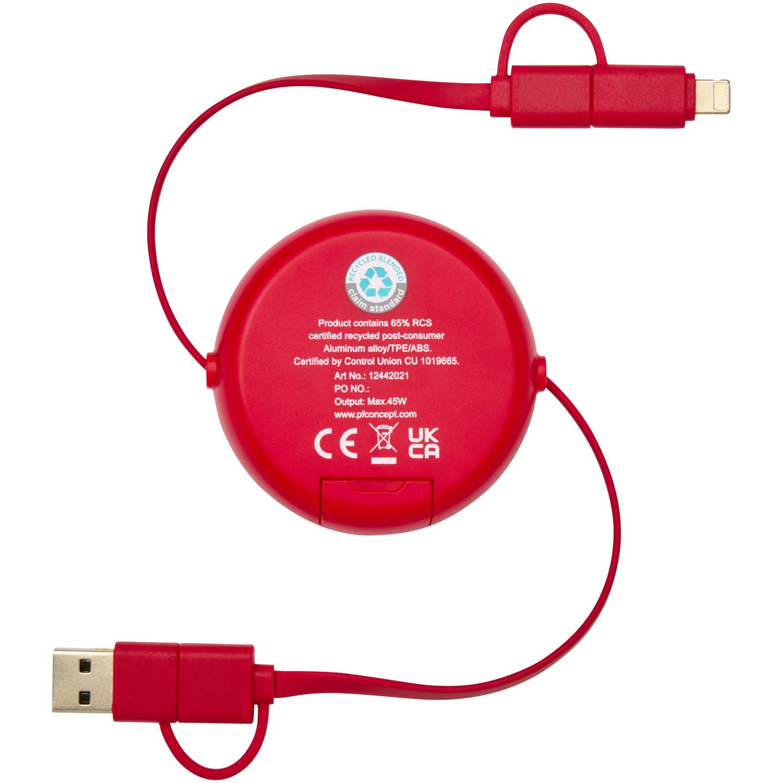 Alasia 100 cm 5-in-1 Kabel aus recyceltem Kunststoff und Aluminium, einziehbar, für Datenübertragung und mit 45W Schnellladun rot
