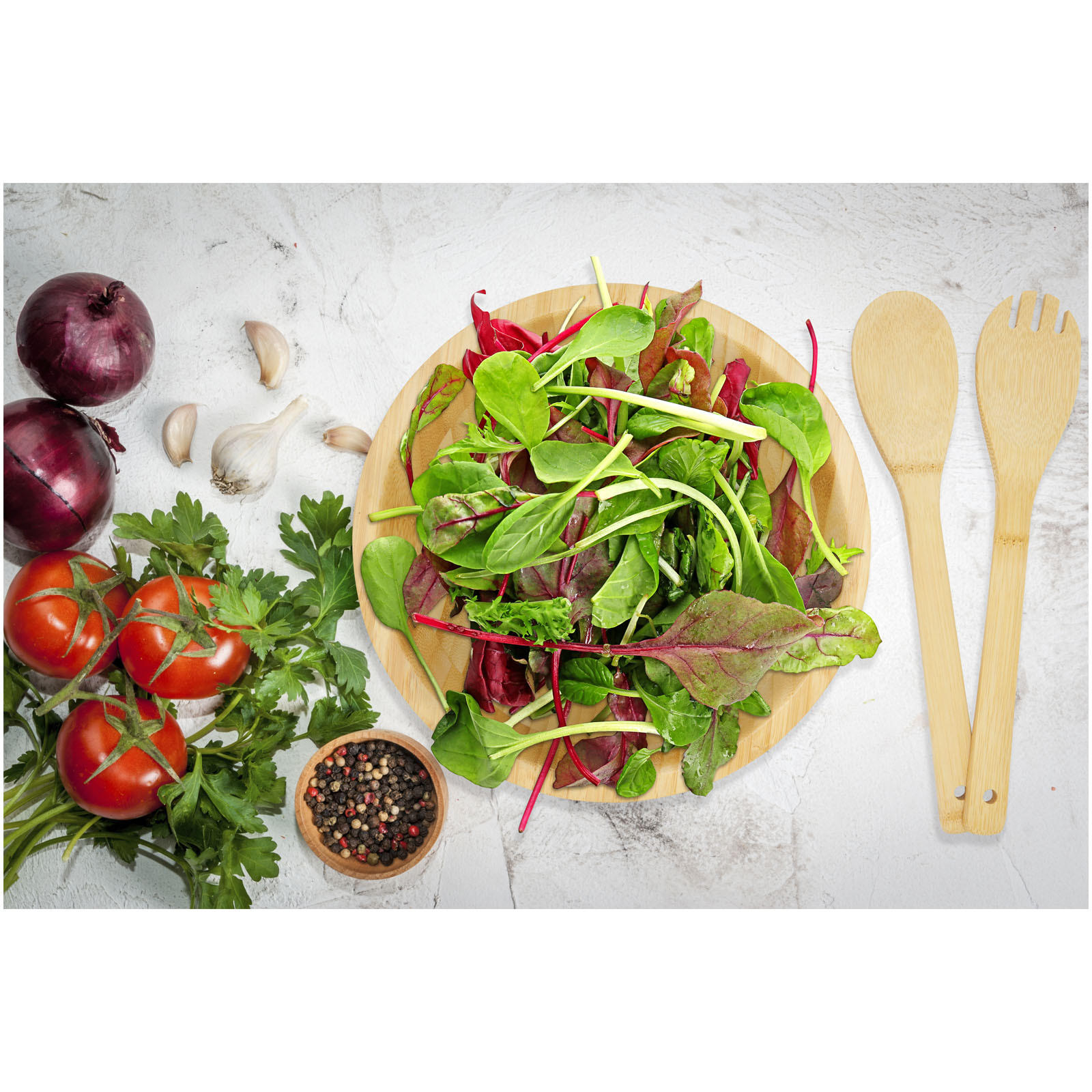Argulls Salatschüssel und -besteck aus Bambus natural