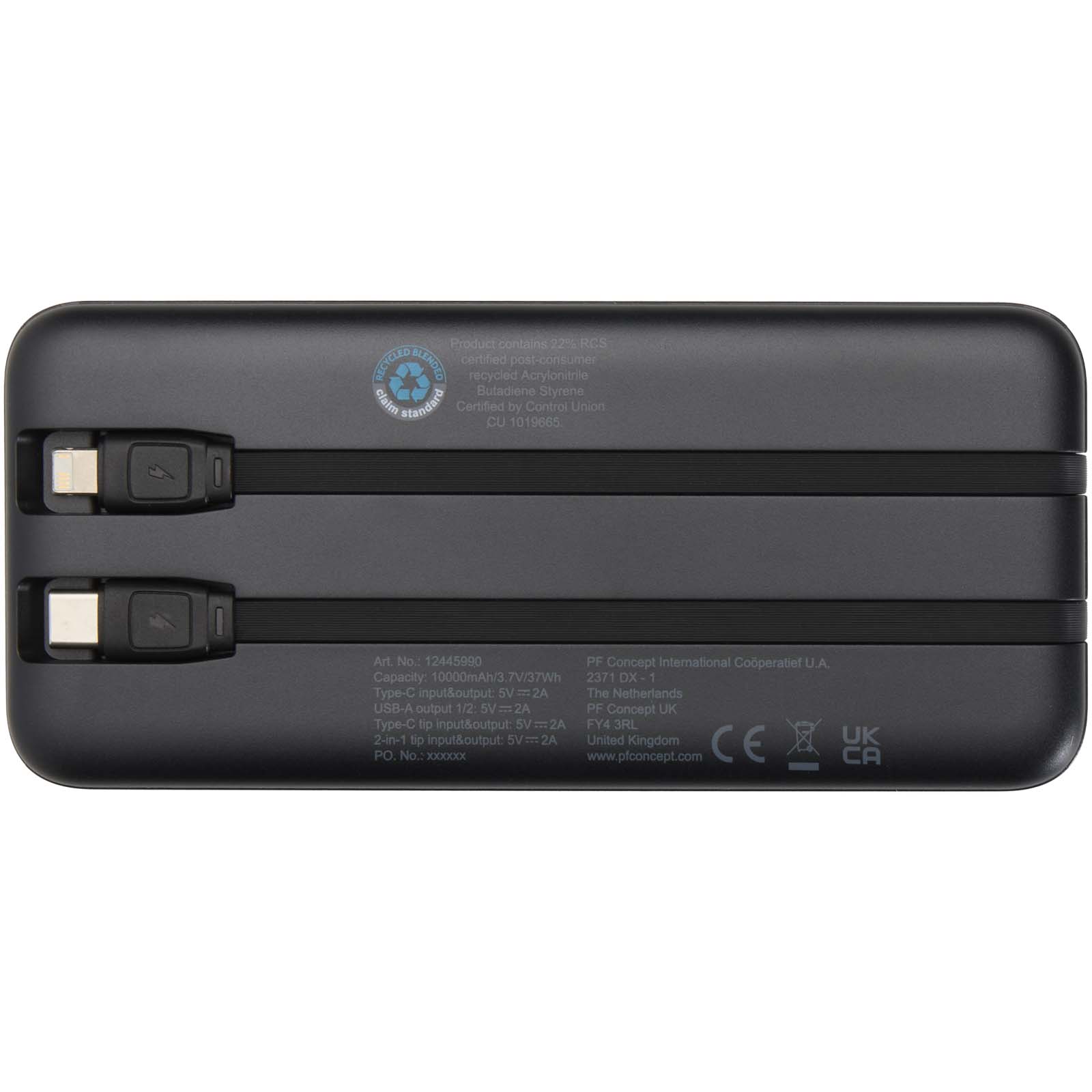 Adhil 10 W 10.000 mAh Powerbank aus recyceltem Kunststoff mit 2 integrierten Kabeln schwarz