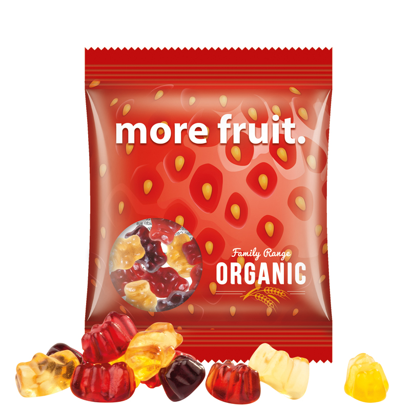 Minitüte 10 g, transparente kompostierbare Folie, Trolli Fruchtgummibären, 30 % Fruchtsaftqualität Exquisit