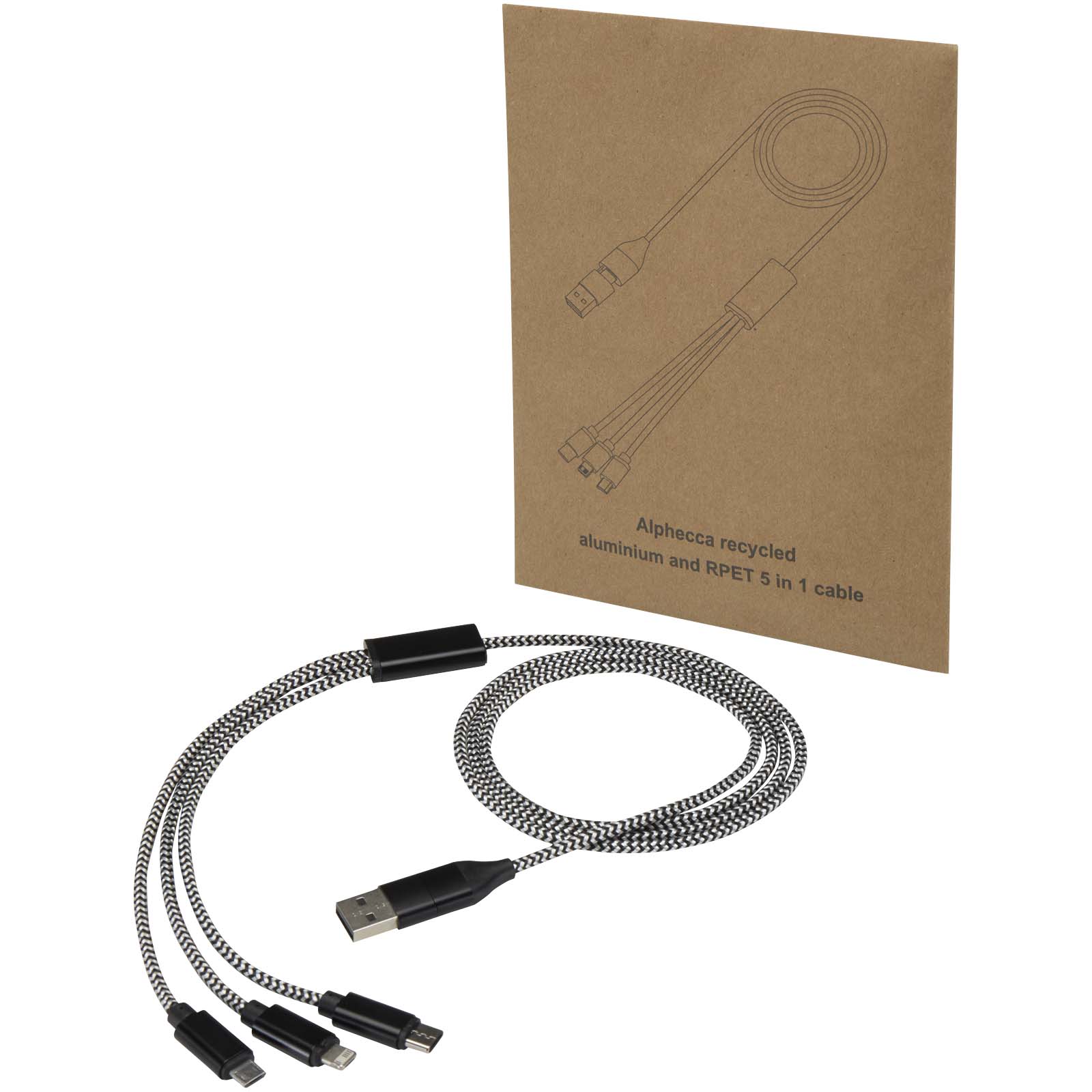 Alphecca 5-in-1-Ladekabel aus recyceltem Aluminium und RPET schwarz