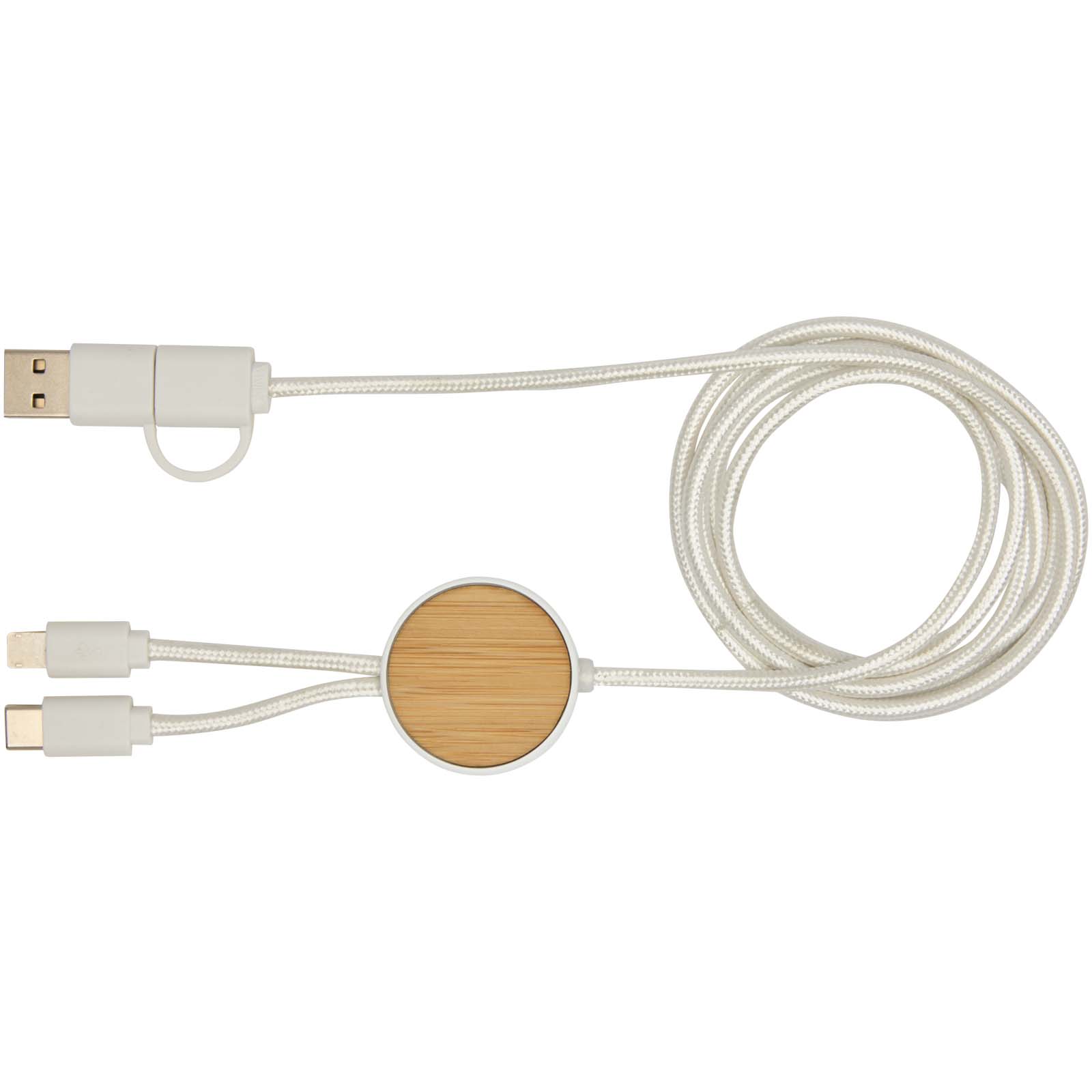 Chechia 150 cm 5-in-1 Kabel aus recyceltem Kunststoff für Datenübertragung und 27W Schnellladung mit Bambusdetails weiss