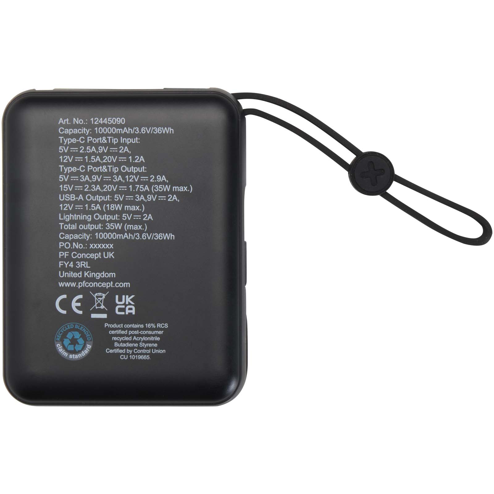 Acrux 35 W 10.000 mAh Tablet Powerbank mit integriertem Typ-C-Kabel aus recyceltem Kunststoff schwarz
