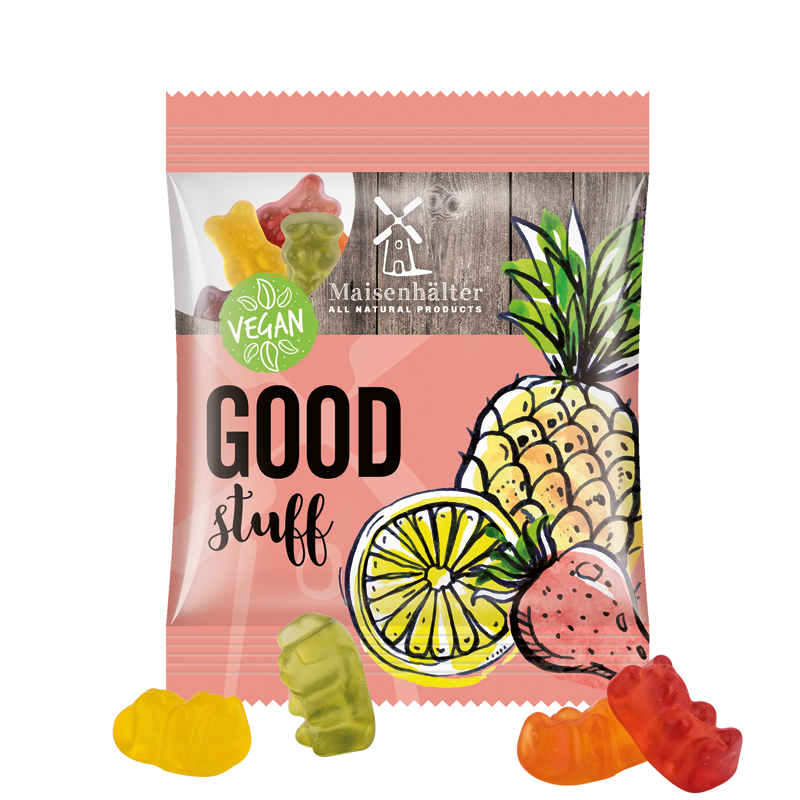 Minitüte 12 g, weiße Folie, Trolli Vegane Gummibärchen, 14% Fruchtsaft