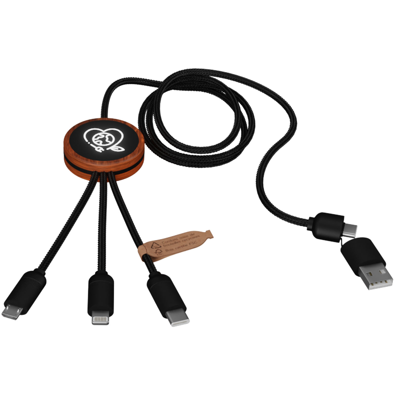 SCX.design C37 40W 5-in-1 rPET Ladekabel in rundem Bambusgehäuse mit Leuchtlogo holz