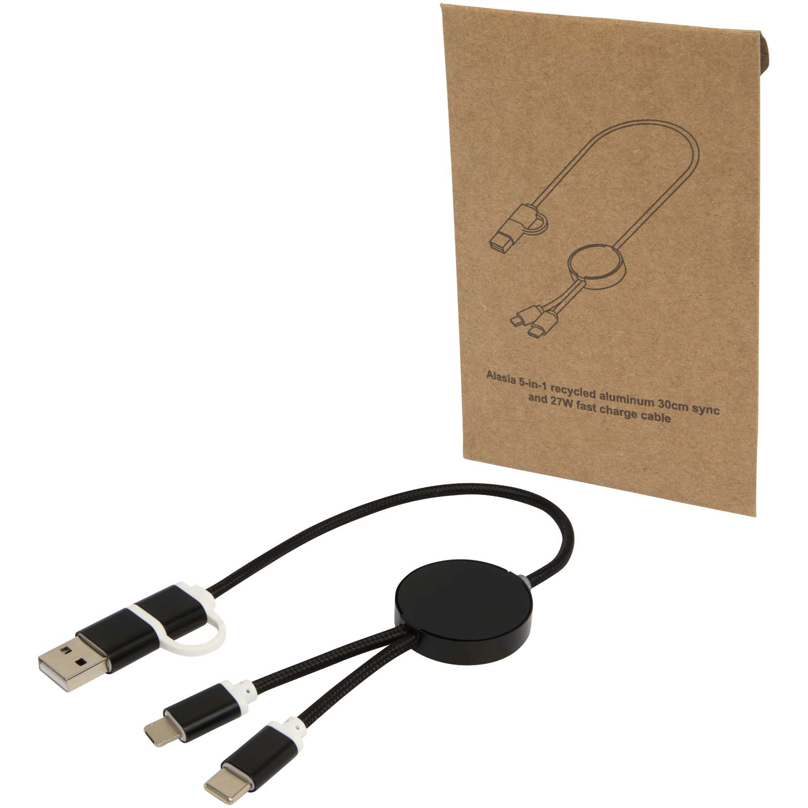 Alasia 30 cm 5-in-1 Kabel aus recyceltem Kunststoff für Datenübertragung und 27W Schnellladung schwarz