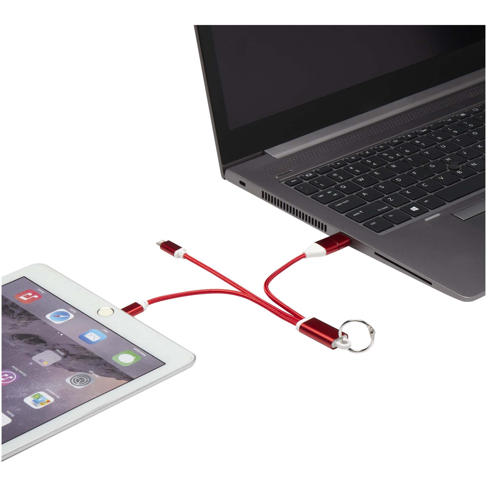 Metal 4-in-1 Ladekabel aus recyceltem Aluminium mit Schlüsselanhänger rot