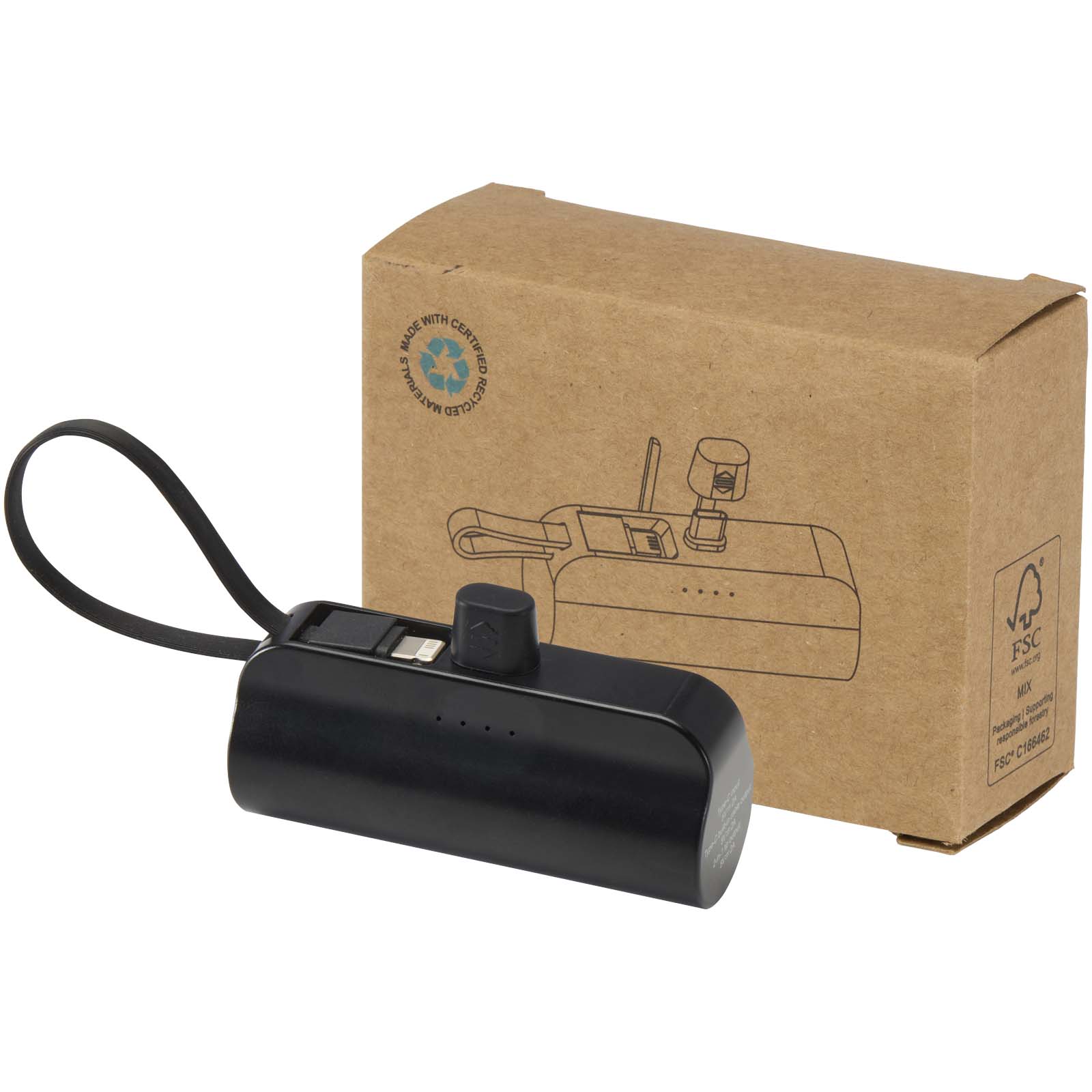 Alnair 10 W 5000 mAh Typ C Powerbank aus recyceltem Kunststoff mit integriertem Klappständer und 2 in 1 Kabel schwarz