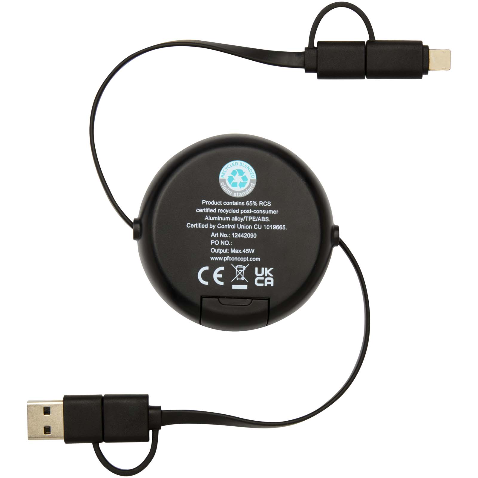 Alasia 100 cm 5-in-1 Kabel aus recyceltem Kunststoff und Aluminium, einziehbar, für Datenübertragung und mit 45W Schnellladun schwarz