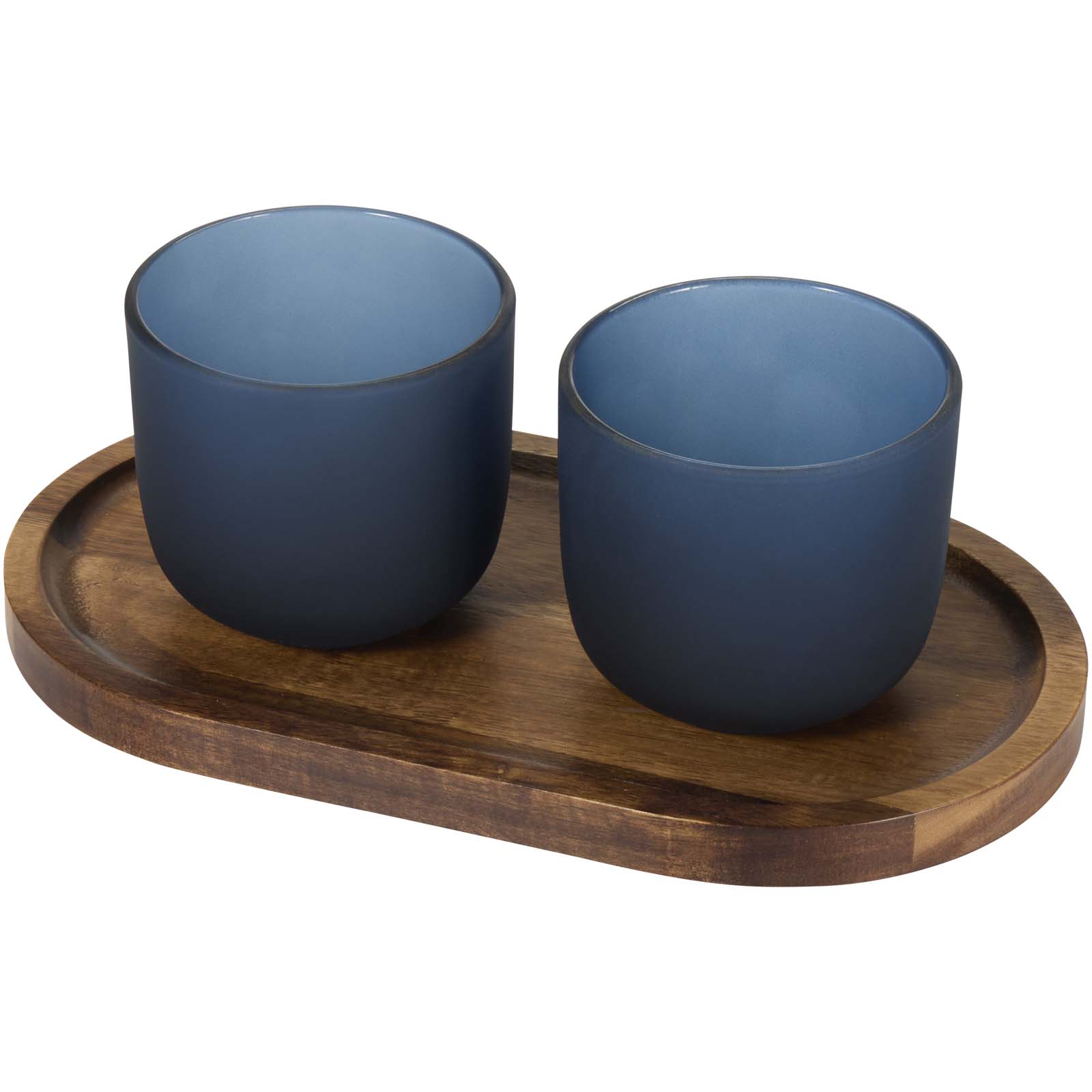Male Set aus Holztablett und Glastassen, matt hale blau