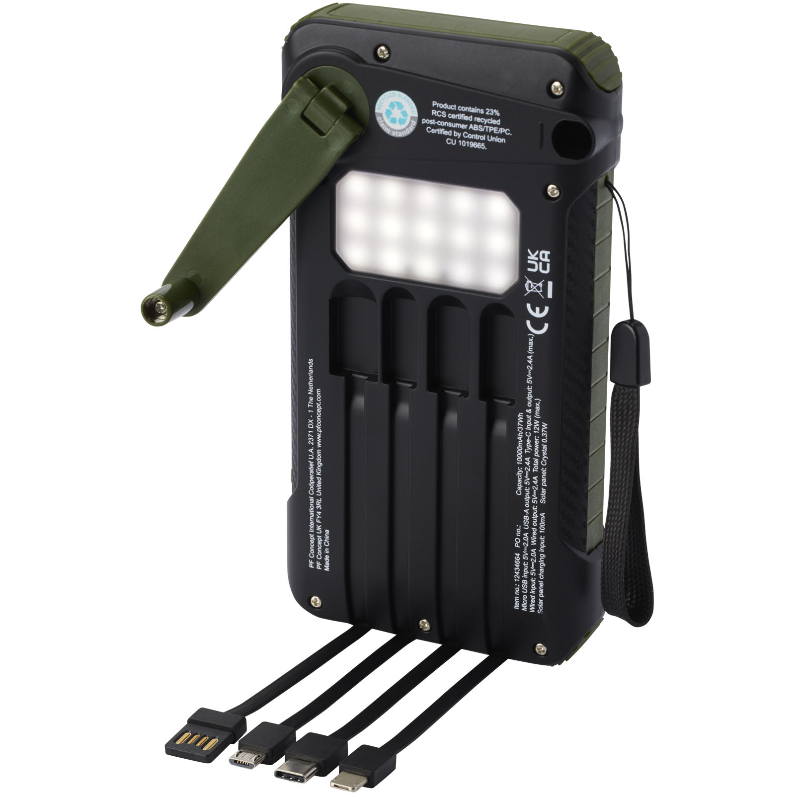 Soldy 10.000 mAh Solardynamo-Powerbank aus recyceltem GRS Kunststoff armeegrün