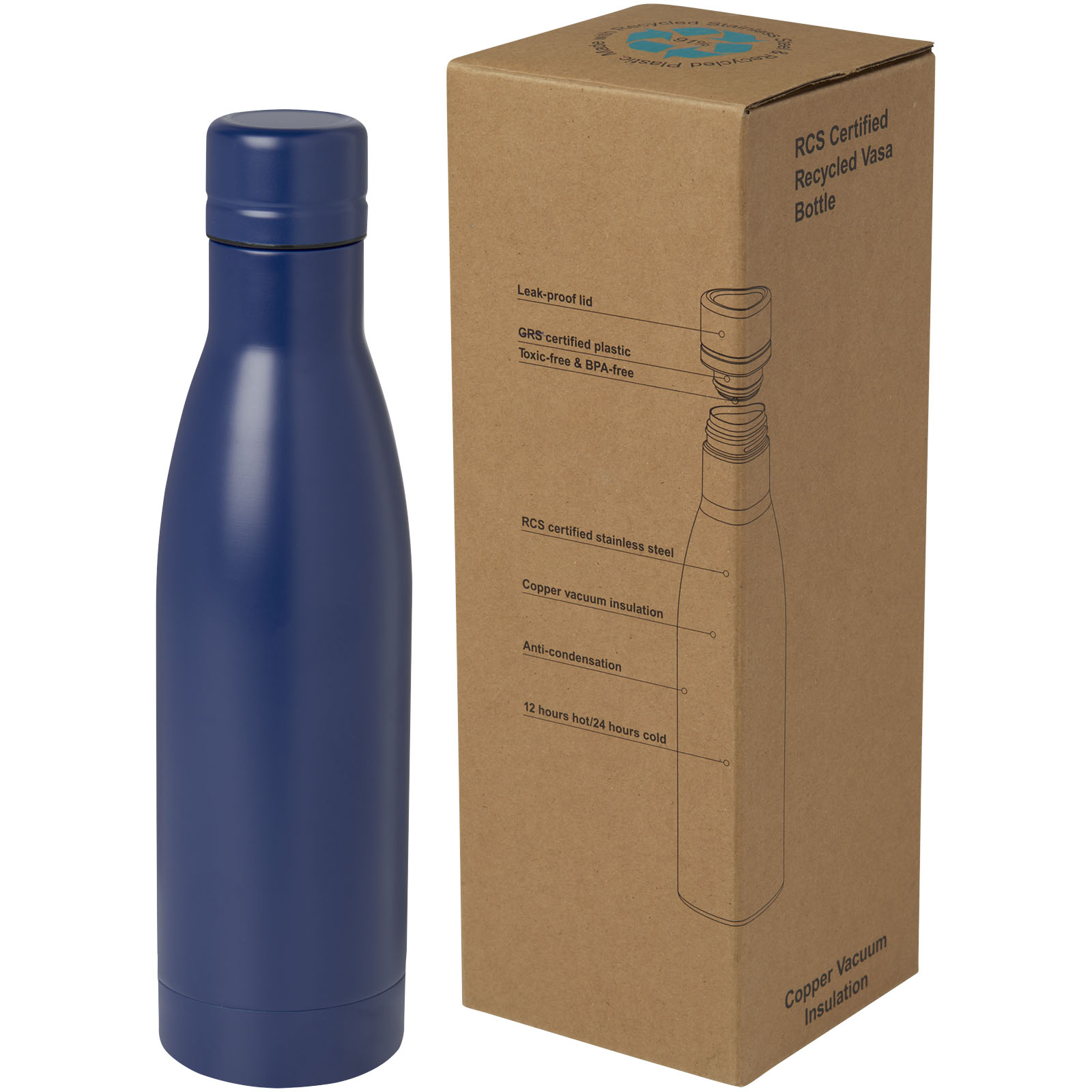 Vasa RCS-zertifizierte Kupfer-Vakuum Isolierflasche aus recyceltem Edelstahl, 500 ml blau
