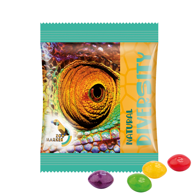 Minitüte 10 g, weiße kompostierbare Folie, Skittles Fruits Kaubonbons