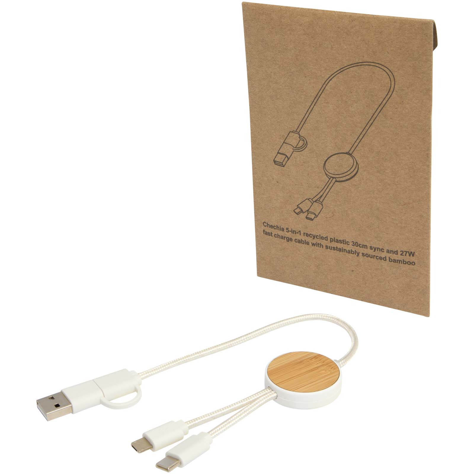 Chechia 30 cm 5-in-1 Kabel aus recyceltem Kunststoff für Datenübertragung und 27W Schnellladung mit Bambusdetails weiss