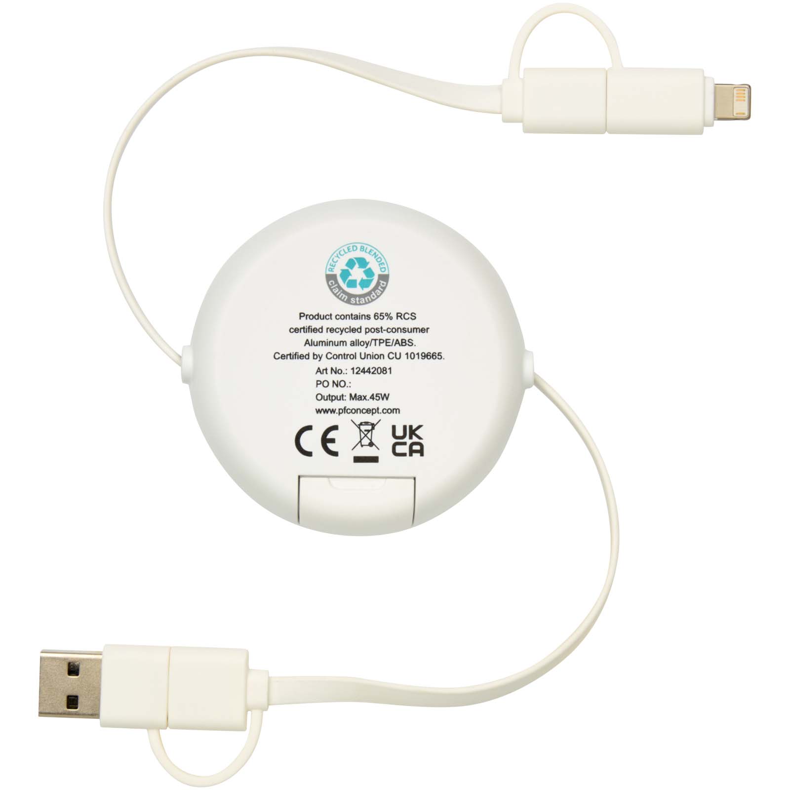 Alasia 100 cm 5-in-1 Kabel aus recyceltem Kunststoff und Aluminium, einziehbar, für Datenübertragung und mit 45W Schnellladun silber