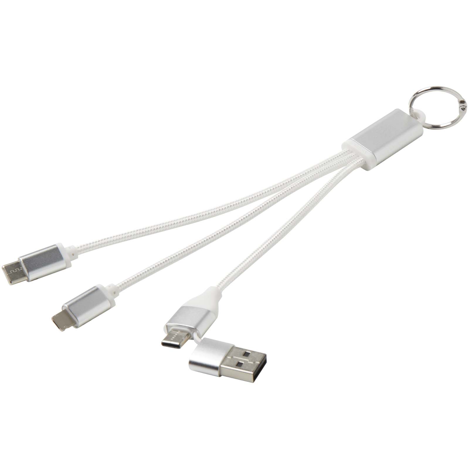 Metal 4-in-1 Ladekabel aus recyceltem Aluminium mit Schlüsselanhänger silber