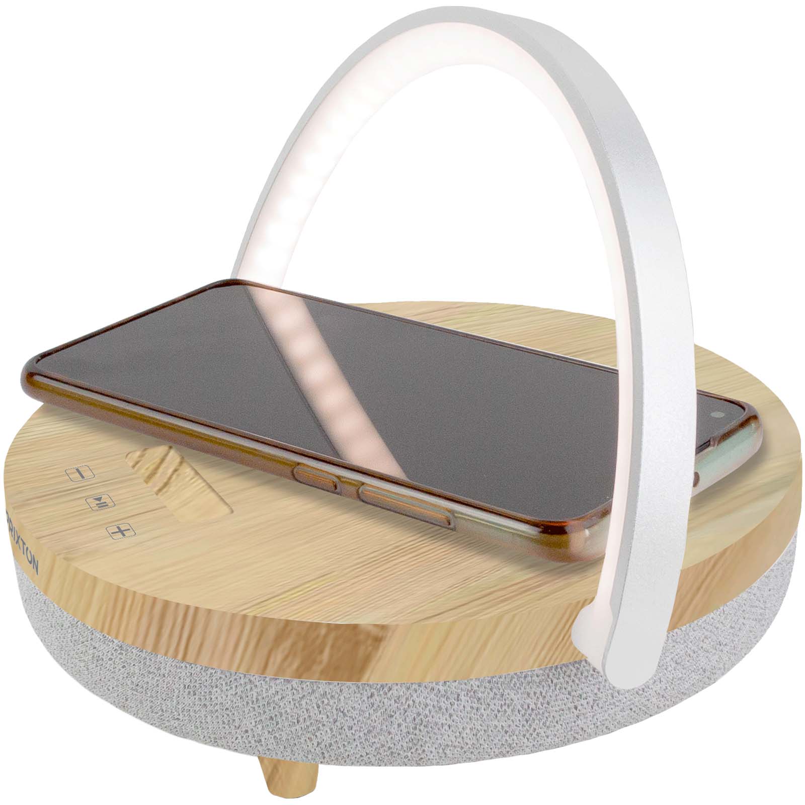 Prixton 10W 4-in-1 Bluetooth®-Lautsprecher mit LED-Licht und kabelloser Ladestation holz