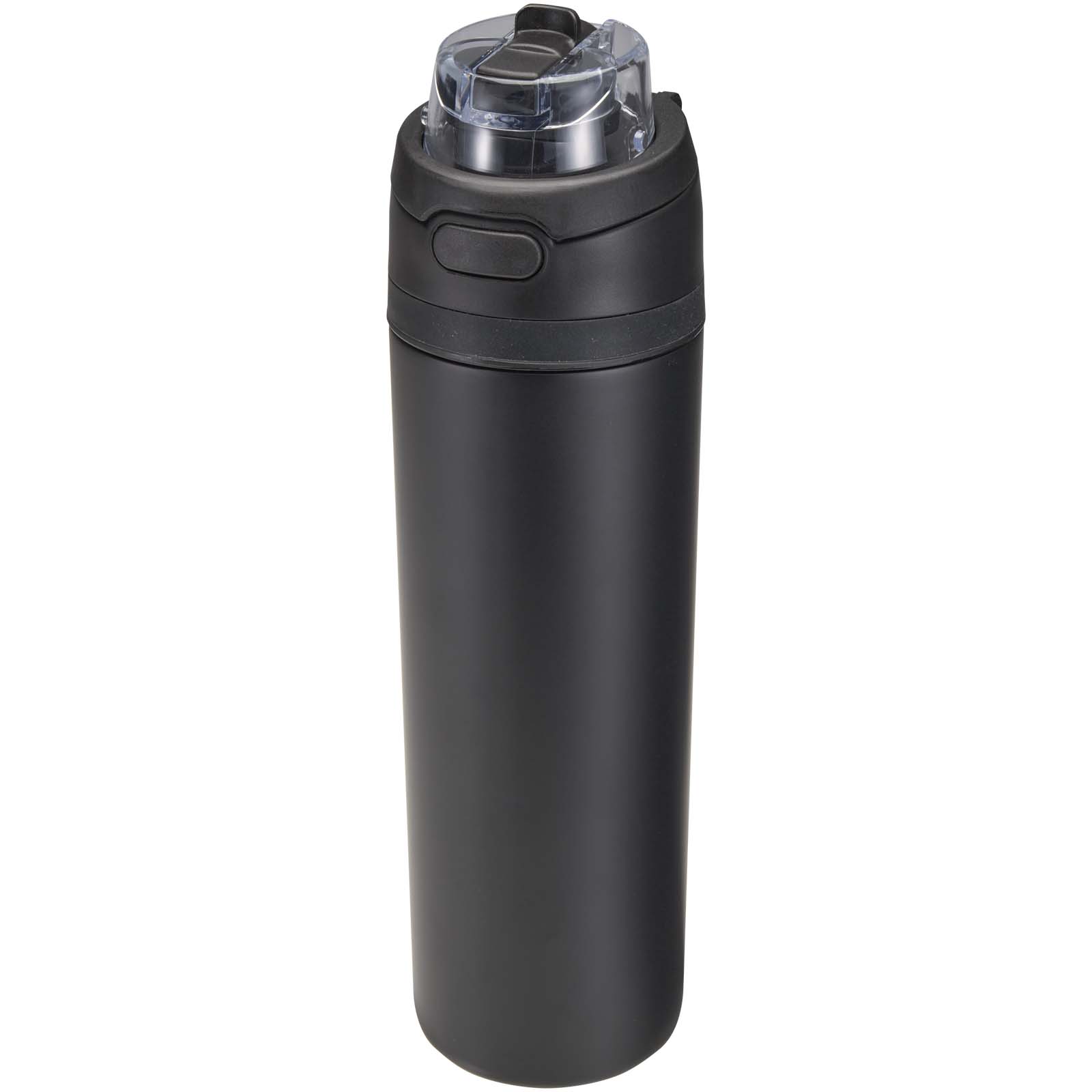 Theron 800 ml RCS Trinkflasche aus recyceltem, einwandigem Edelstahl mit Multifunktionsdeckel und Klappstrohhalm schwarz